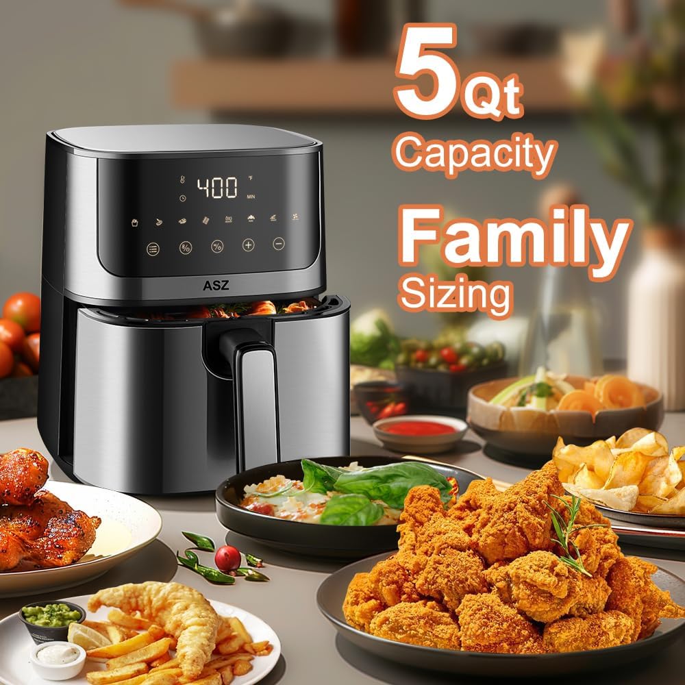 ASZ 5qt Air Fryer Digital for dorm office- Compact Airfryer Design for 2-3 people, 8 in 1 Presets Bake Toast Broil Reheat Bacon Fries Chicken Shrimp Non-Stick Kitchen Airfry Countertop Gift