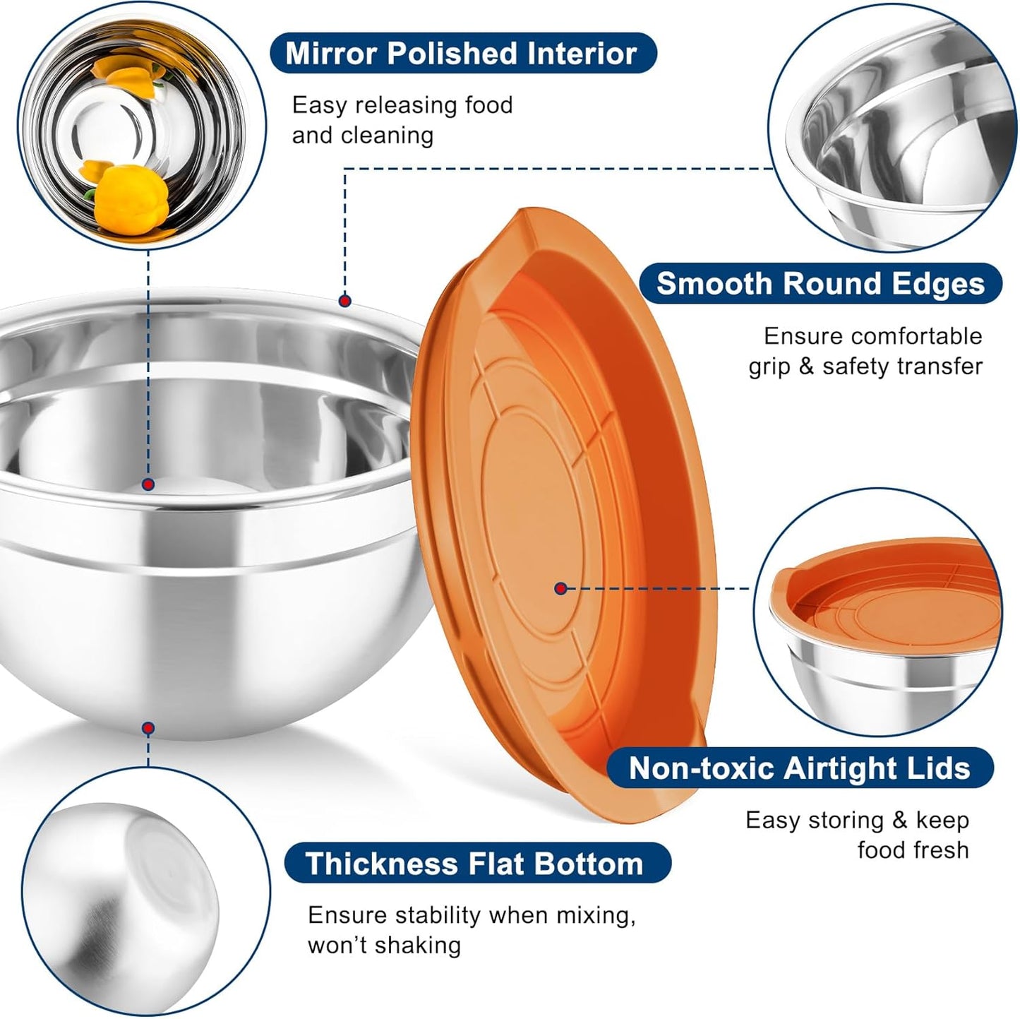 TeamFar Mixing Bowls with Lids, 5PCS Stainless Steel Metal Salad Bowl with 3 Grater Attachments, for Cooking, Prepping, Serving, Healthy, Airtight Lids & Easy Clean - 0.7/1 / 1.5/2.6/4.6QT