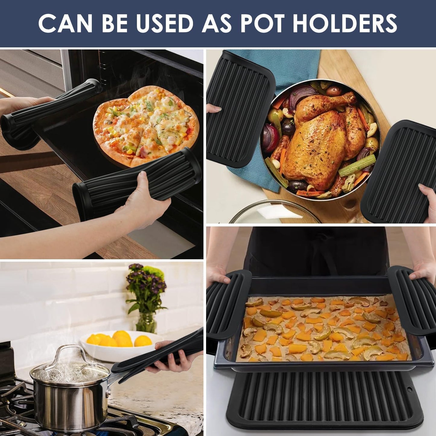 Silicone Trivets for Hot Pots and Pans, 4 Pack Heat Resistant Pot Holders for kitchen, Large Silicone Trivet Mat for Hot Dishes, Black Hot Pads for Kitchen Counter, Hot Mats Spoon Rest, 9 * 12 Inches