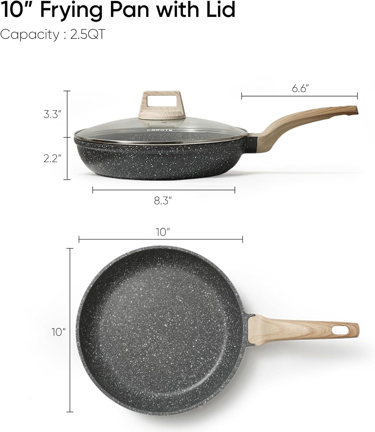 CAROTE Non Stick Frying Pan Skillet, Nonstick Granite Fry Pan with Glass Lid, Egg Pan Omelet Pans, Stone Cookware Chef's Pan, PFOA Free (Classic Granite, 10-Inch)