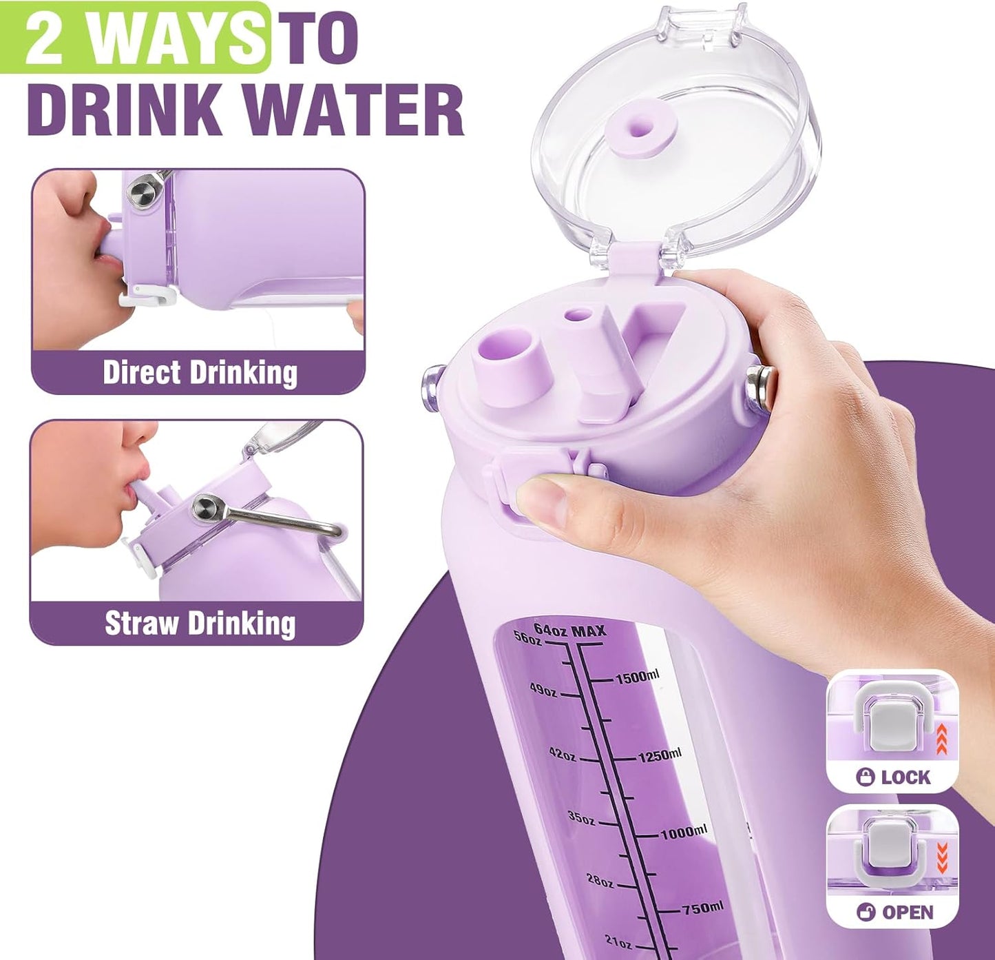 Kytffu 64 oz Glass Water Bottle with Straw and Stainless Steel Handle, Half Gallon Water Bottle with Silicone Sleeve and Time Marker, 2L Large Glass Bottle for Gym, School, Travel, Leak-proof (Purple)