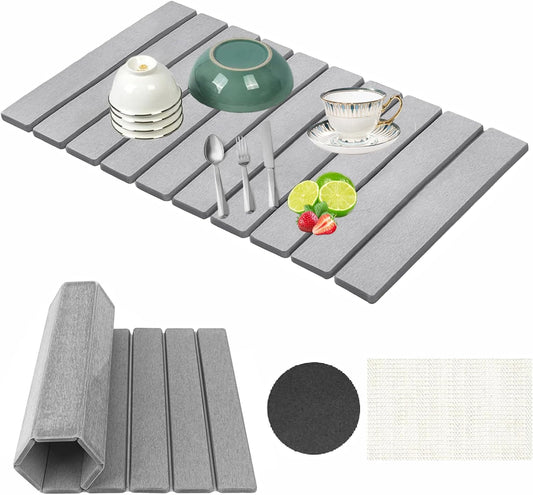 Stone Drying Mat for Kitchen Counter, Collapsible Dish Drying Mat, Fast Drying Diatomaceous Earth Dish Drying Mats, Water Absorbent Diatomite Kitchen Mat (grey, small)