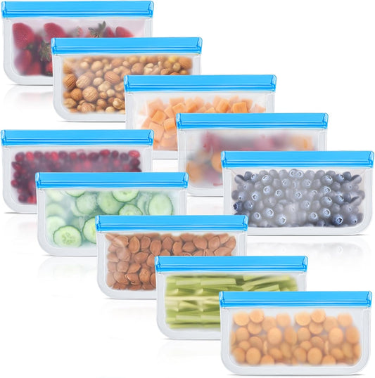 10 Pack Reusable Silicone Food Storage Bags, Leakproof Dishwasher Safe Reusable Freezer Bags for Food Containers, Lunch Bags for Sandwich, Snack, Marinate Meat, Salad Fruit