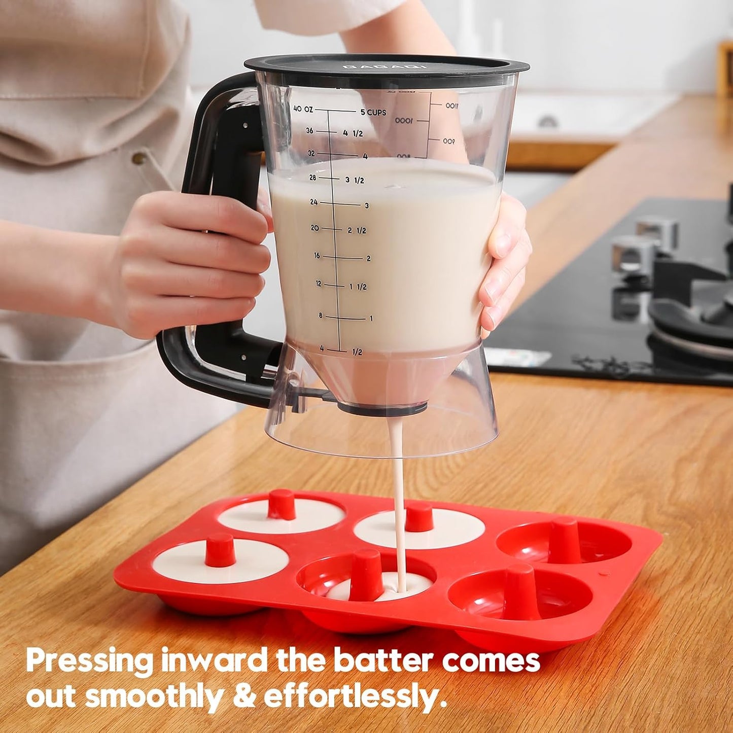 Pancake Batter Dispenser 5 Cup with Sturdy Handle,Batter Separator for Pancakes, Cupcake, Waffle, Muffin Mix, Cake & Crepe Batter pitcher with Squeeze Handle Baking Tools-Black