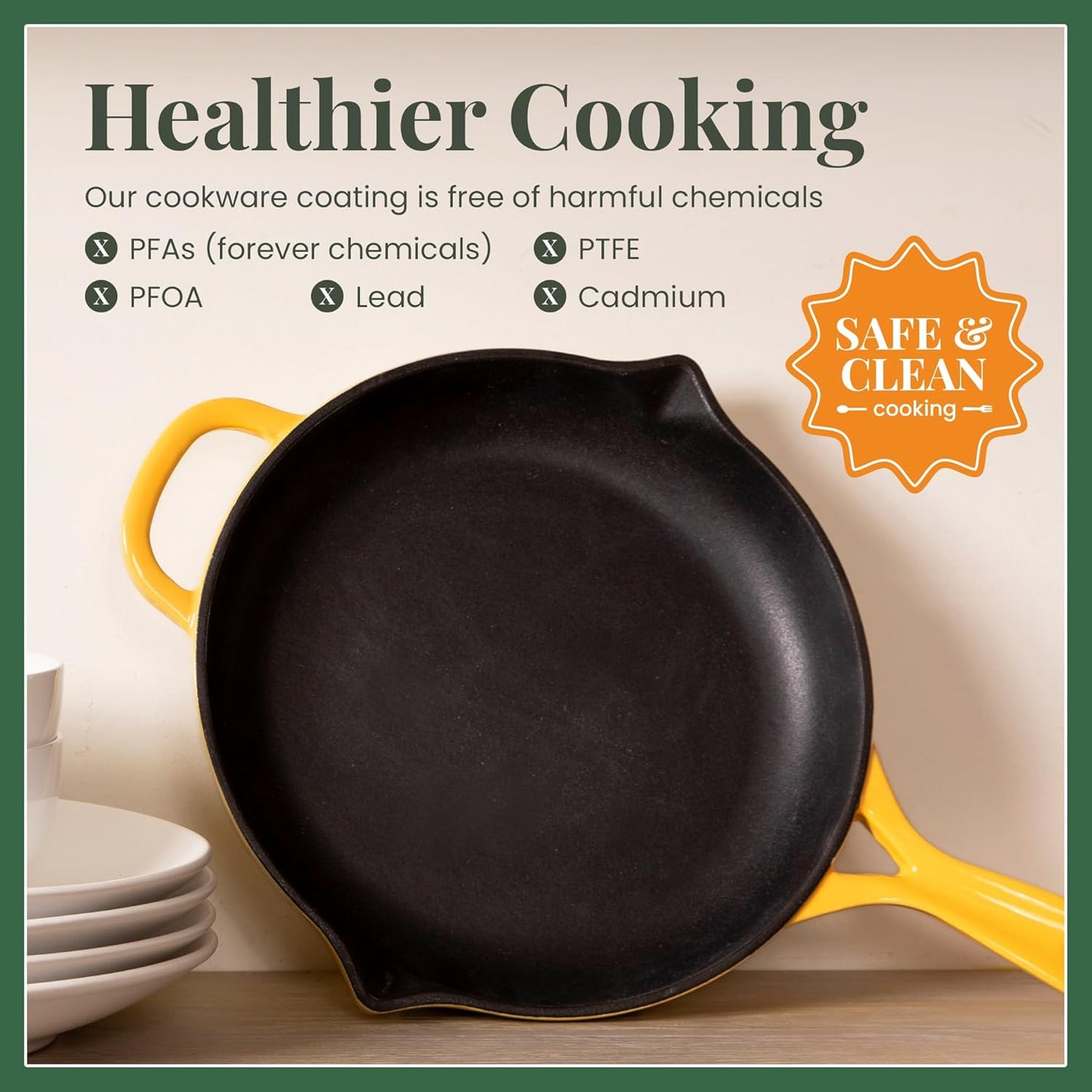 Larder & Vine Enameled Cast Iron Skillet | 10.25 in Cast Iron Pan | Saute Pan with Pour Spouts | Enamel Coated Skillet | Compatible on All Cooktops & Oven Safe to 500F | Limoncello