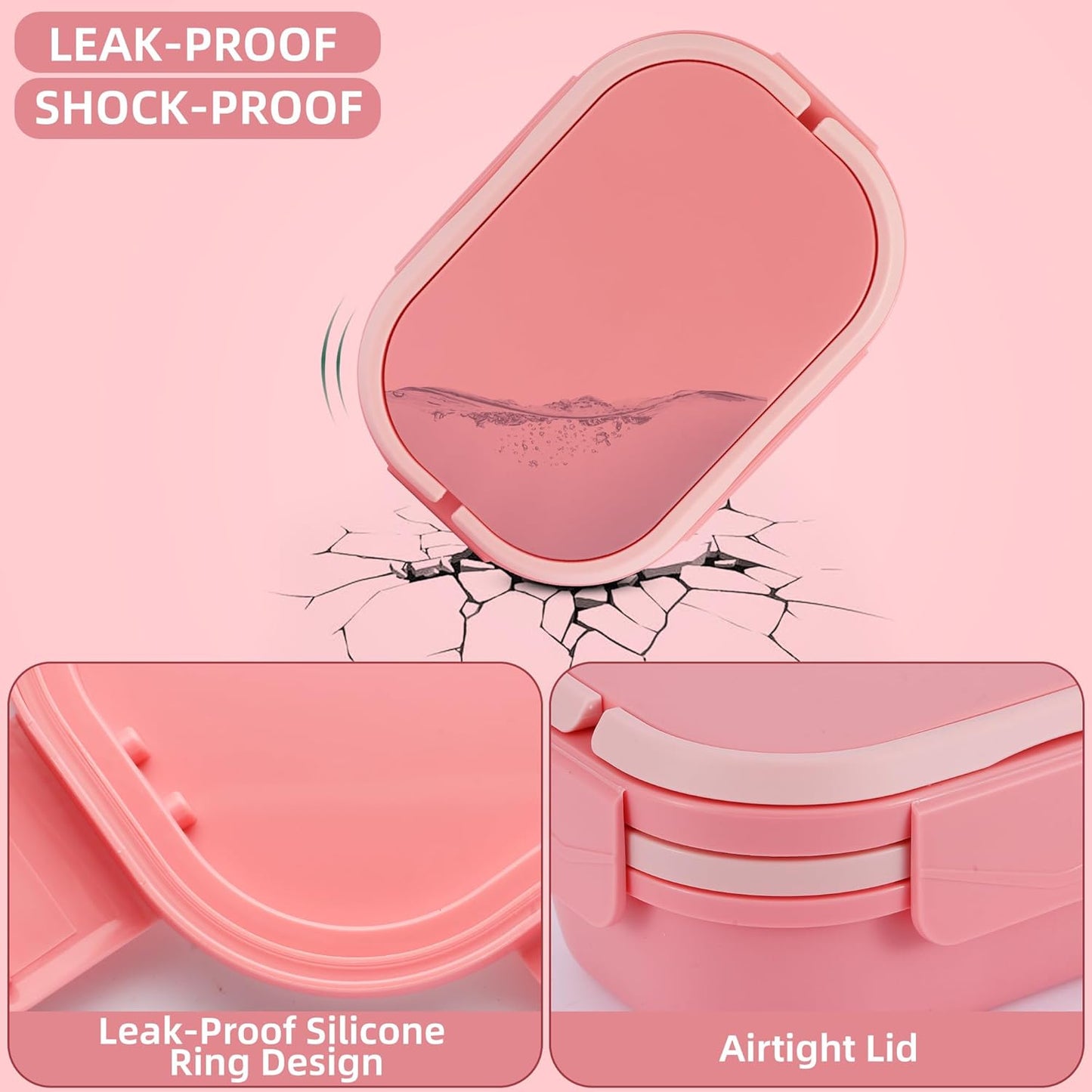 Bento Box Adult Lunch Box with Hidden-Handle, Leak-Proof Lunch Containers for Women & Girls, 2-Layer 5-Compartment 6 Cup with Utensils, Pink