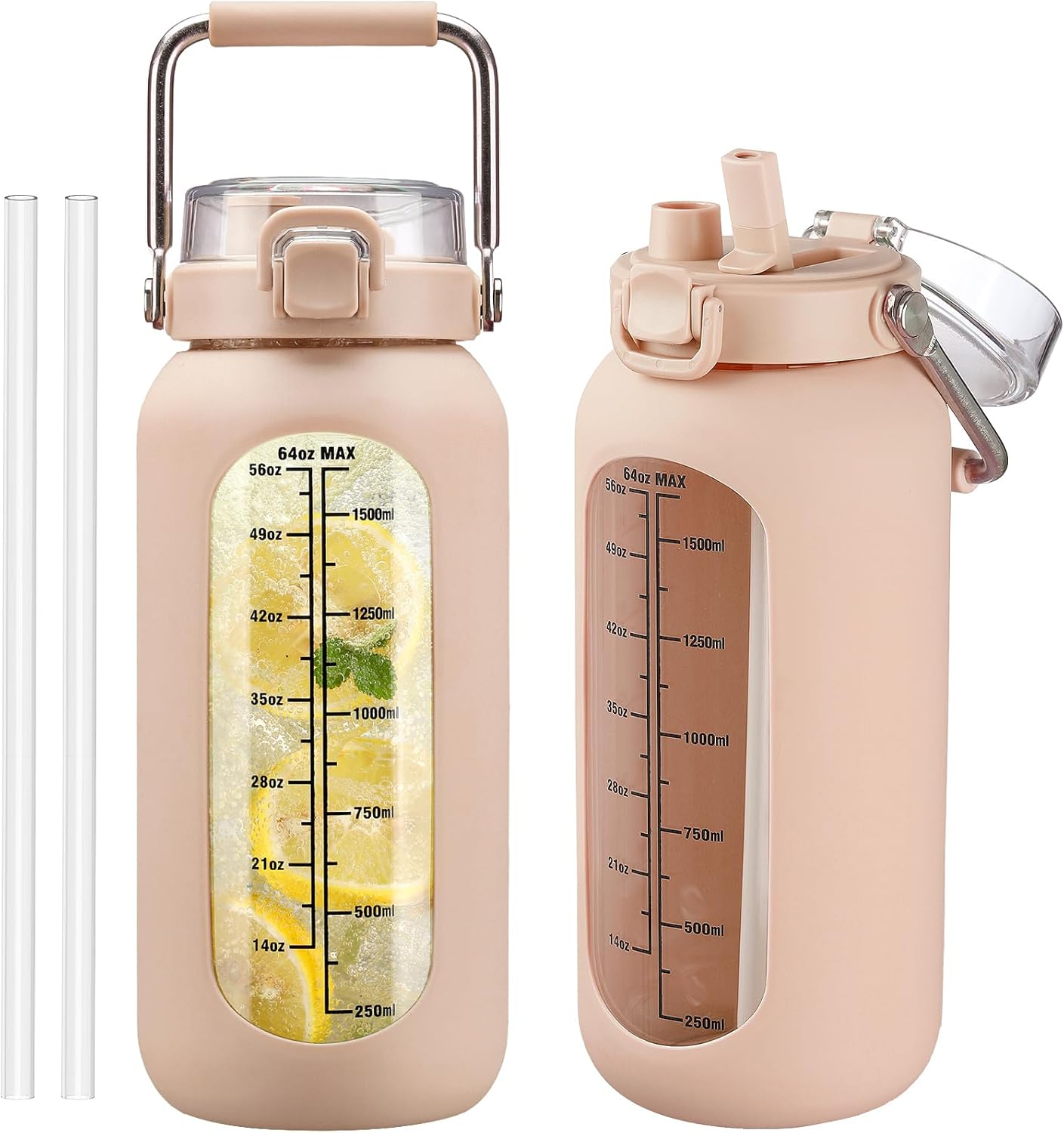 kytffu 64 oz Glass Water Bottle with Straw and Stainless Steel Handle, Half Gallon Water Bottle with Silicone Sleeve and Time Marker, 2L Large Glass Bottle for Gym, School, Travel, Leak-proof (Amber)