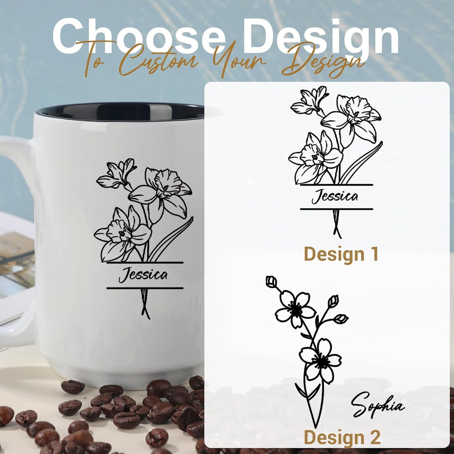 Personalized Coffee Mug, Engraved Ceramic Birth Flower Mug for Women With Custom Name, Personalized Gifts for Mothers Day, Birthday, Christmas, Grandma, Mom, Wife