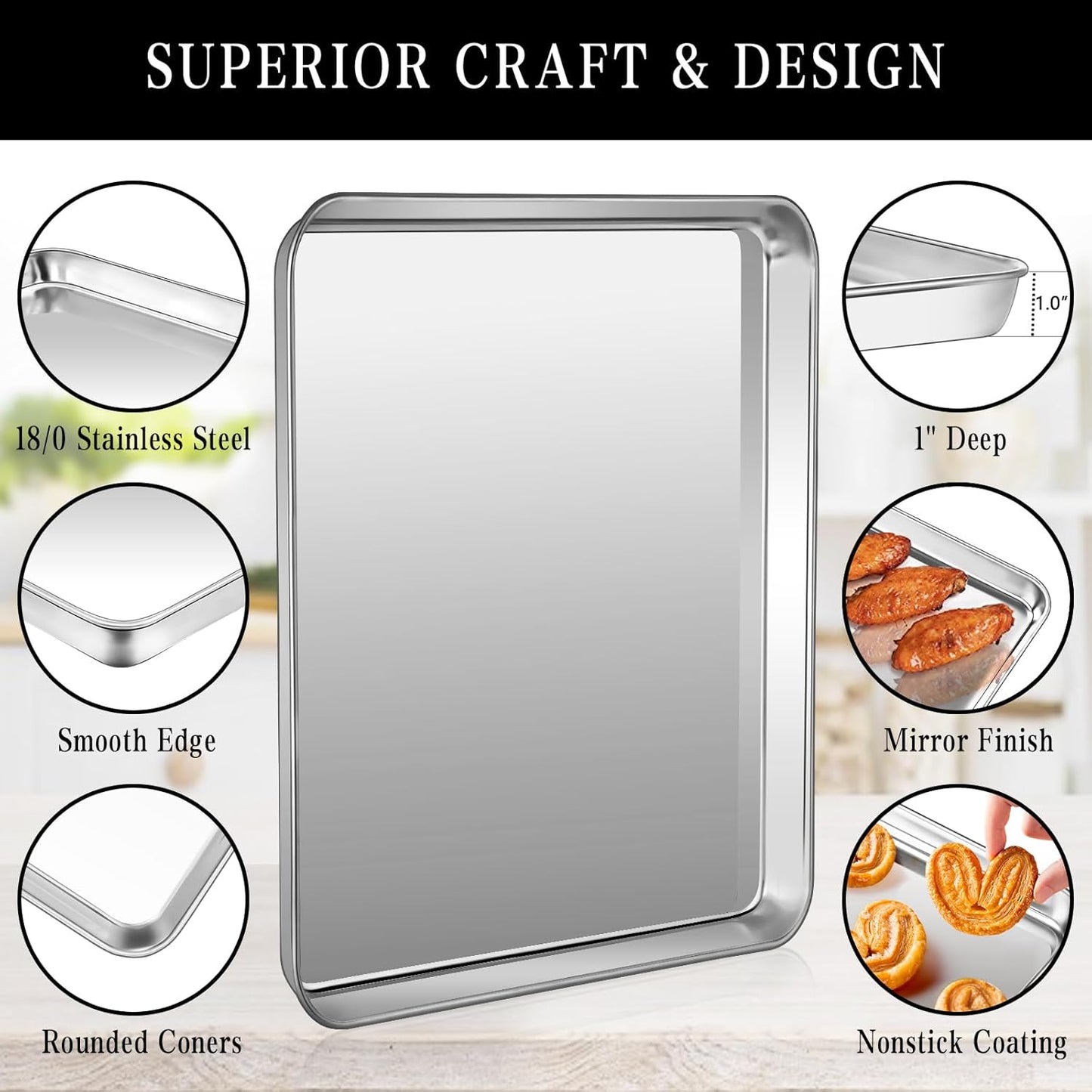 Stainless Steel Baking Sheet Set, 2 Pcs Quarter Cookie Sheet Pan Baking Trays for Oven, Non Stick and Heavy Duty and Easy Clean, 12.4 x 9.6 x 1 Inch