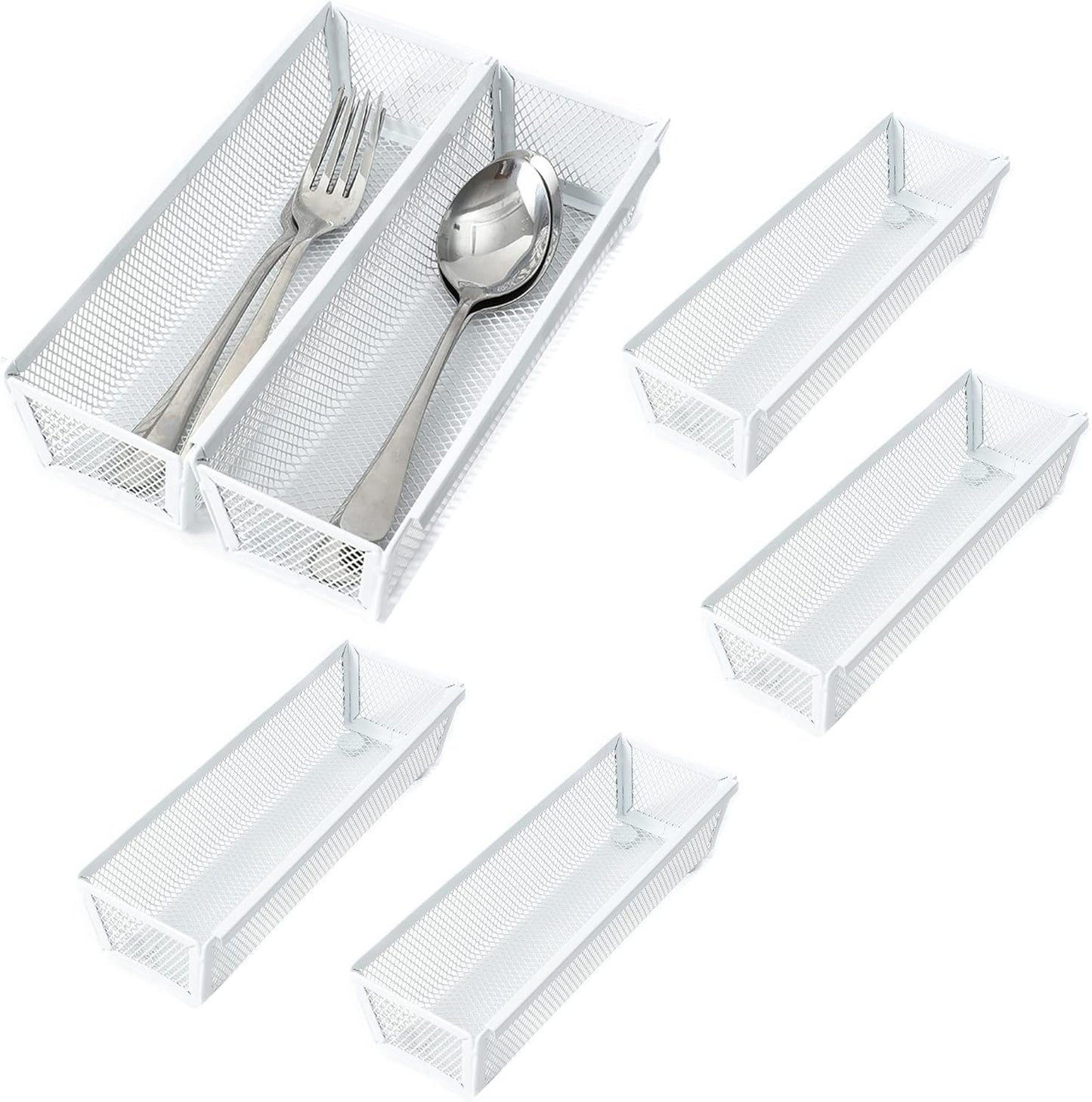Mesh Tray Kitchen Drawer Utensil Cutlery Tray Office Supplies with Inter-locking Arm Drawer Dividers Organizer for Silverware, Flatware, Home,Office, School,Bedroom(9＂X3＂6pack) White