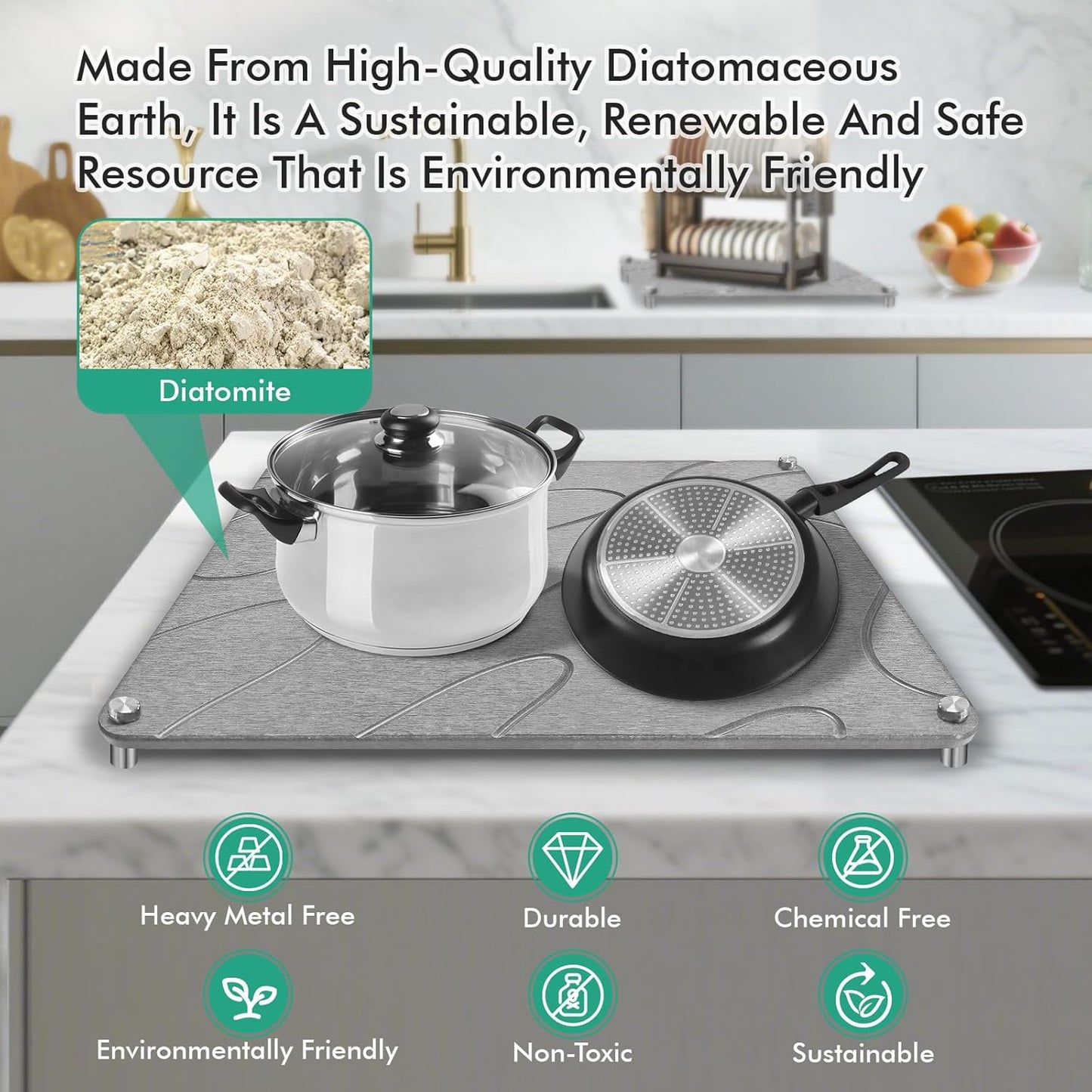 Stone Drying Mat For Kitchen Counter Superb Absorbent Diatomaceous Earth Mats with Non-Slip Feet Quick Dry Stone Dish Drying Pad Dish Pad Multi-Purpose(Flow Line-MediumGray, 15.7" x 11.8")