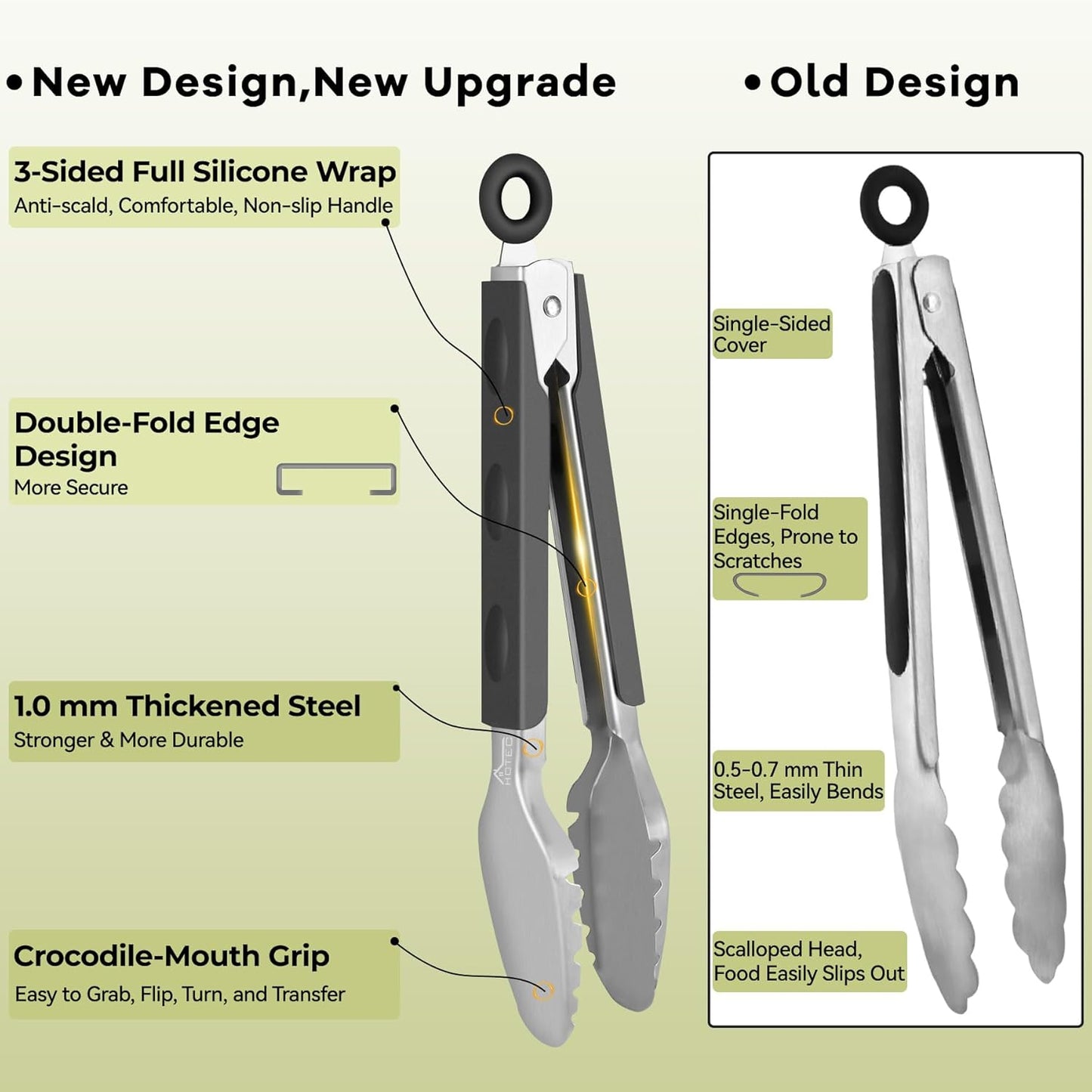 Hotec Stainless Steel Kitchen Tongs Grill Tongs Set of 2-9" and 12", Barbecue Tongs Locking Metal BBQ Kitchen Food Tongs for Cooking Non-Slip Grip