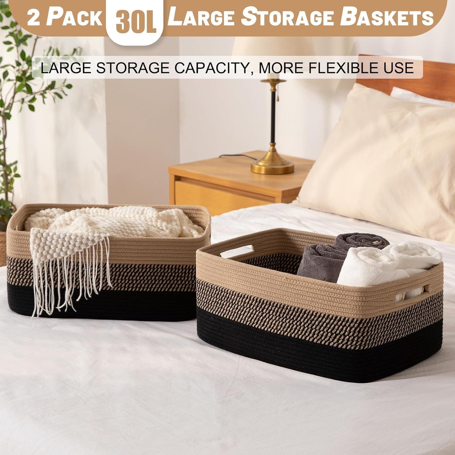 Large Storage Basket for Organizing, Woven Rope Basket for Shelves, Closet Organizer Bins for Clothes, Blanket, Toys, Baby Nursery Storage, 17.7" x 13" x 7.87", 2 Packs Black & Brown