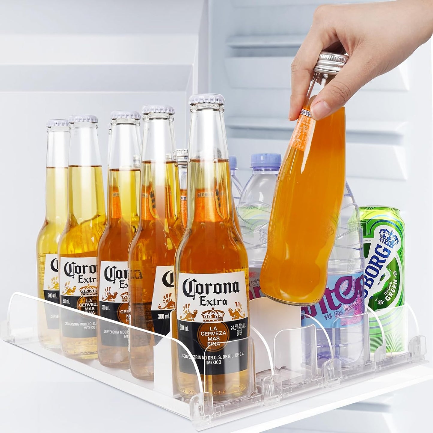 SOLY Drink Organizer for Fridge,Fridge Drink Dispenser for Fridge Automatic Pusher Glide,For Refrigerator Organizing Holds up to 14.96" D, Adjustable for 6-20oz (4 Row)