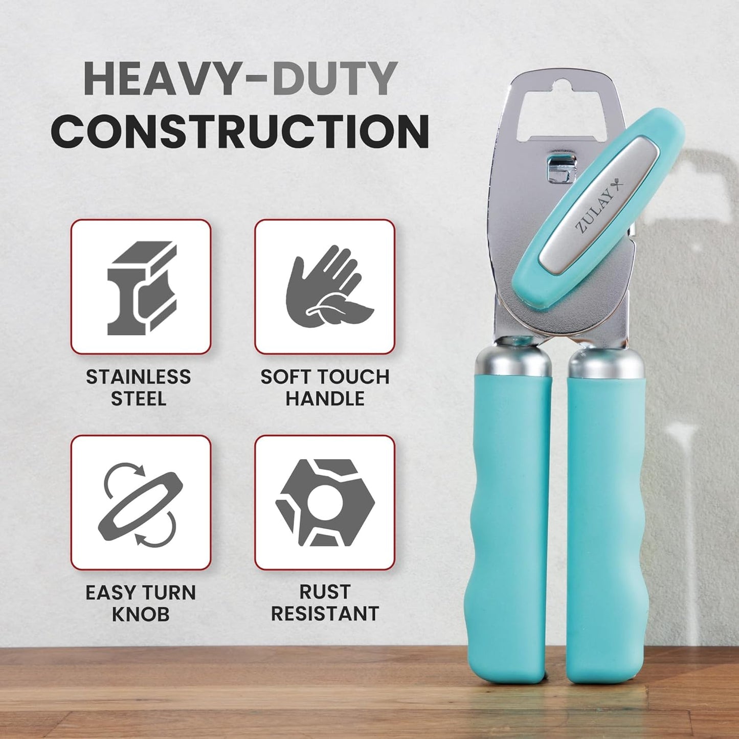 Zulay Kitchen Heavy Duty Stainless Steel Can Opener Manual with Bottle Opener - Rust Proof Manual Can Opener With Turn Knob & Comfy Soft Grip Handles - Teal