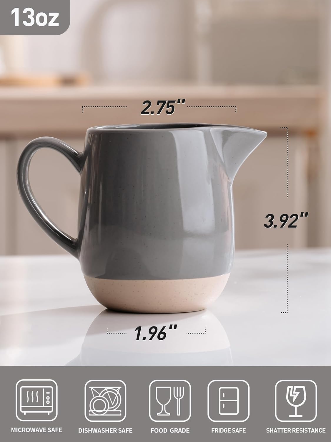 famiware Milkyway 13oz Creamer with Handle, Ceramic Coffee/Milk/Sauce/Serving/Salad Pitcher Jug, Stoneware Maple/Syrup Dispenser, Milk Frother Cup, Microwave and Dishwasher Safe, Dark Gray