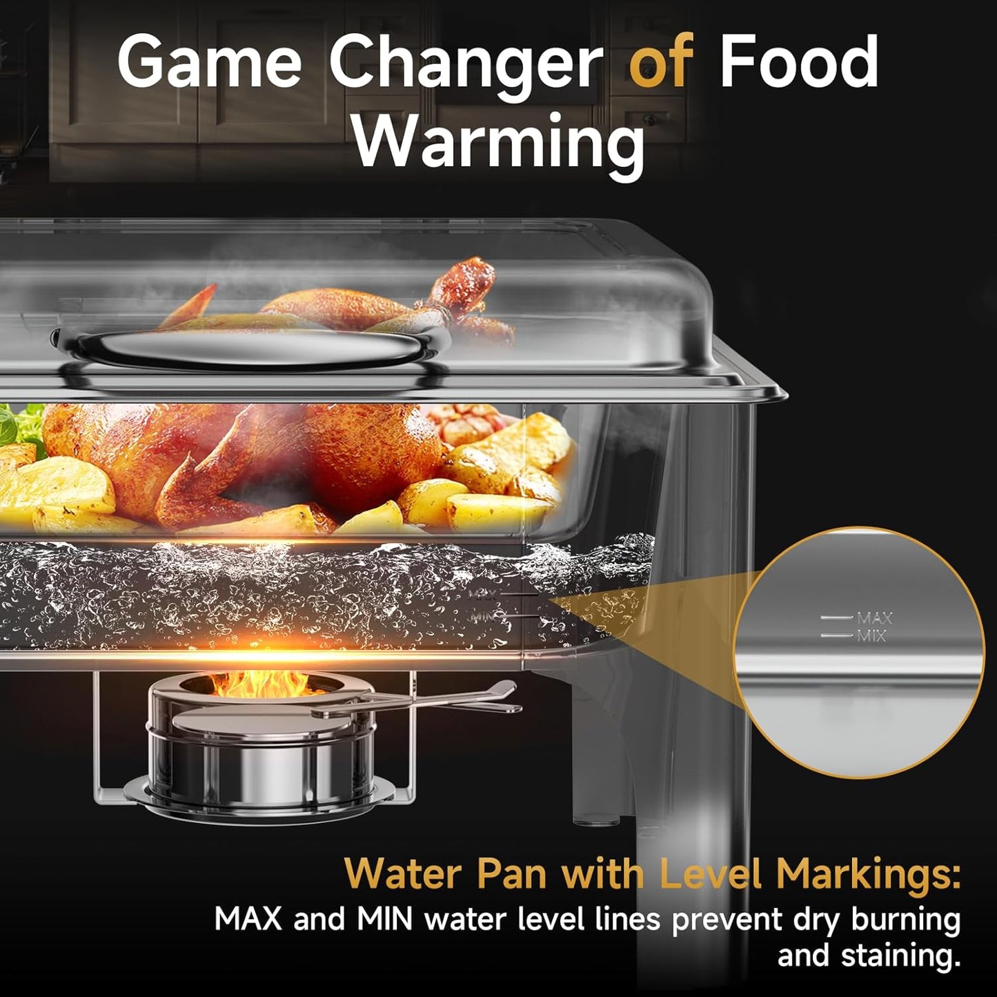 Chafing Dishes for Buffet, 6QT Square Stainless Steel Chafing Dish with Transparent Hydraulic Lid, 304 Food Pan, Buffet Warmer for Parties and Events (Silver)