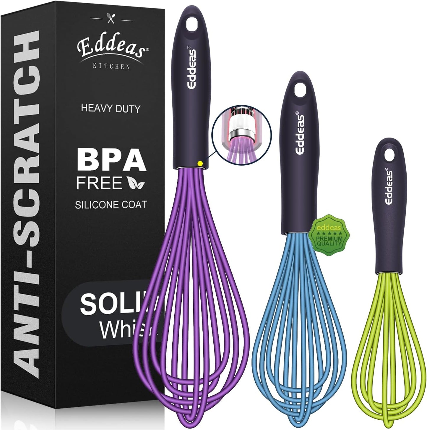 Silicone Whisk, 500°F Heat Resistant Non Scratch Coated Whisks for Cooking Baking Balloon wisk, Kitchen Whisk Tool Set, for Stirring, Beating & Blending of 3 Size 7.5"+ 9" +11 inch