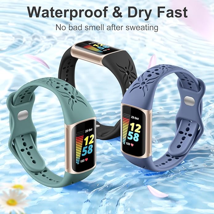 Maledan Slim Engraved Band Compatible for Fitbit Charge 6/Charge 5 Bands Women Men, Elegant Hollow-out Pattern Bracelet Strap Loops Wristbands for Fitbit Charge 5/Charge 6 Fitness Tracker Accessories