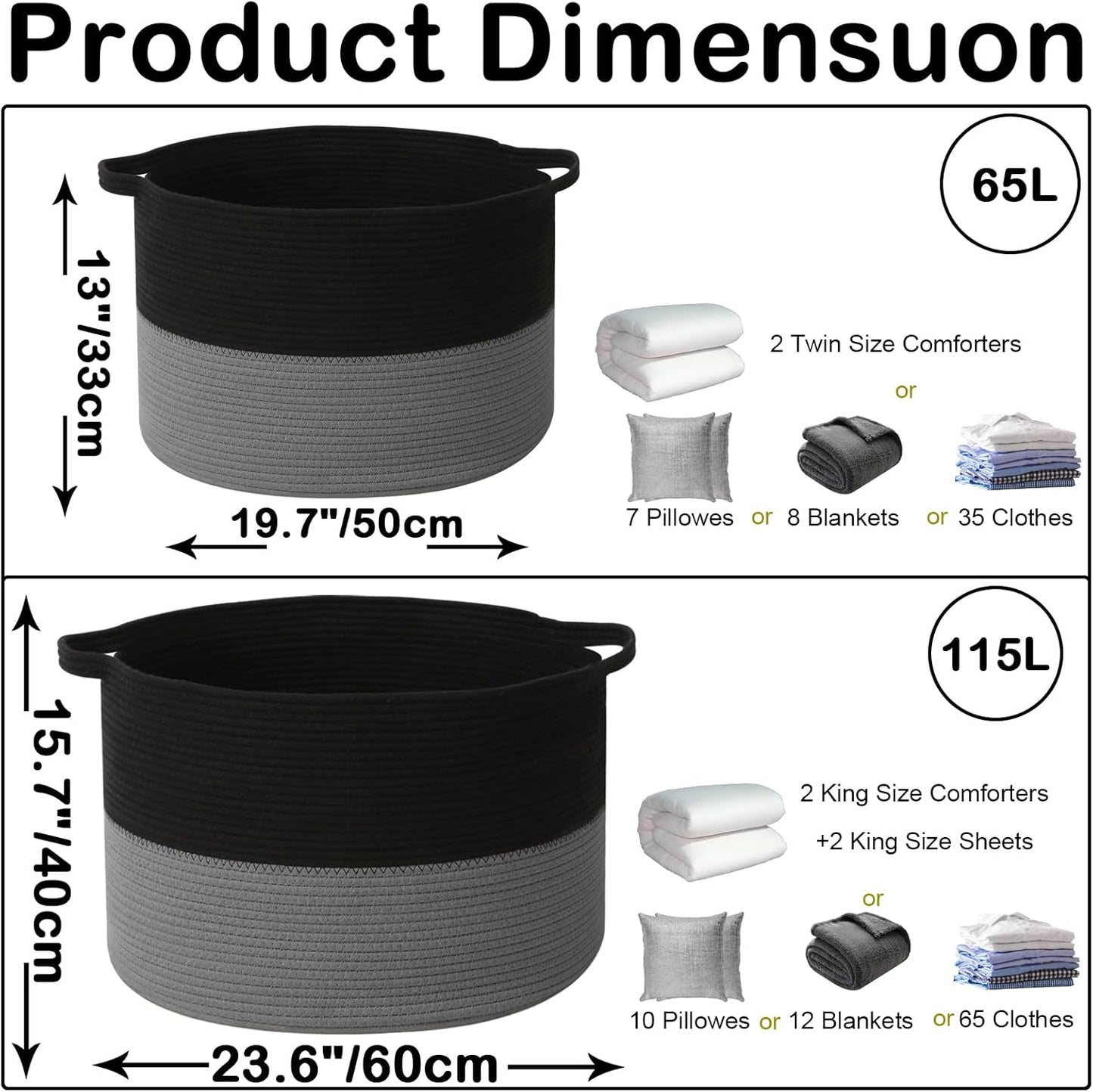 Large Blanket Basket for Organizing,115L Closet Organizers and Storage Bins Box for Shelves Woven Rope Storage Baskets,Living Room,Bedroom,Dorm,Laundry room (Black&Dark Grey)