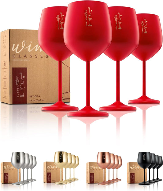 Gusto Nostro Stainless Steel Wine Glass - 18 oz - Cute, Red Unbreakable Wine Glasses for Travel, Camping and Pool - Fancy, Unique, Cool Portable Metal Wine Glass for Outdoor Events, Picnics (Set of 4)