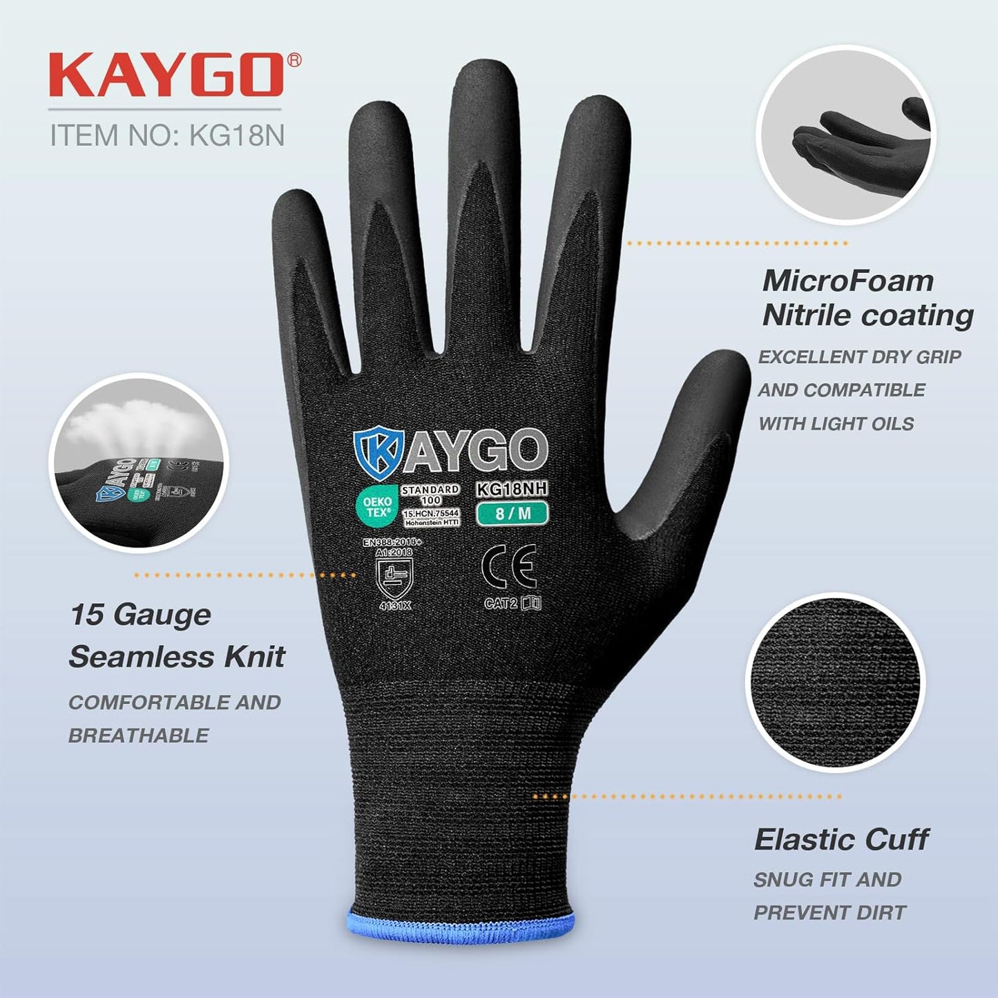 KAYGO Safety Work Gloves MicroFoam Nitrile Coated, 3 Pairs KG18NB,Seamless Knit Nylon Glove with full fingers Touchscreen, Ideal for Automotive,Warehouse,Construction (L, Black)