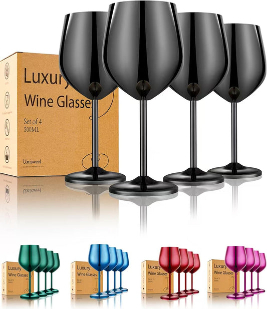 Stainless Steel Wine Glasses Set of 4 Unbreakable Wine Glass 18 oz Unique Metal Wine Goblets for Outdoor, Travel, Camping, Pool, Ideal Gift for Wine Lovers (Mirror-Black)