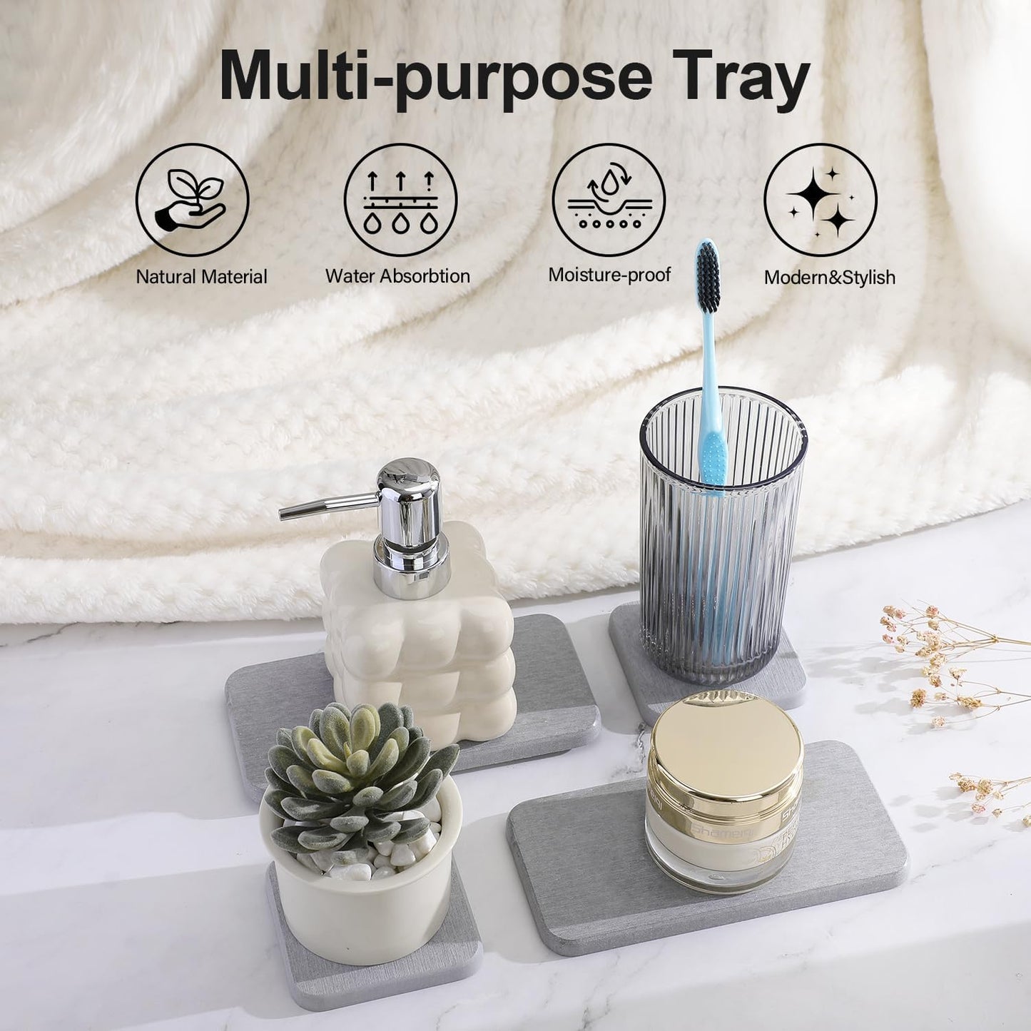 Water Absorbing Stone Tray for Sink | Quick Drying Diatomaceous Earth Coasters | Soap Dish Holder & Toothbrush Holder for Bathroom Counter | Hand Soap & Plant & Toiletries | Grey 4-Pack
