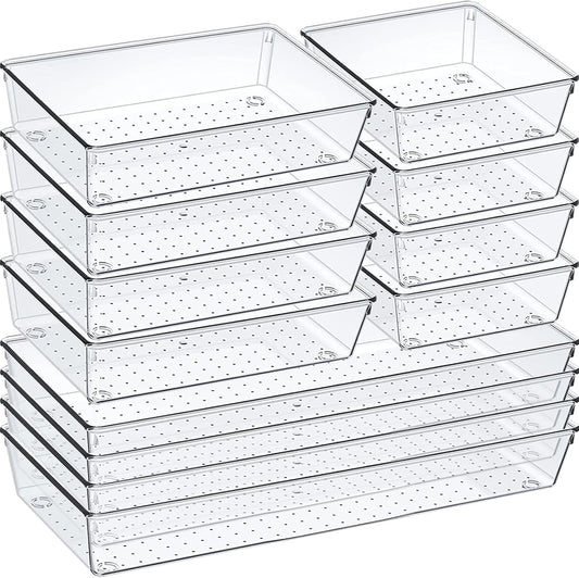 12 Pack Clear Plastic Drawer Organizer Set, Acrylic Non Slip Non Cracking Kitchen Drawer Storage Tray Large Size Divider, Multifunctional Storage for Cosmetics, Bathroom, Tools, Kitchen and Office