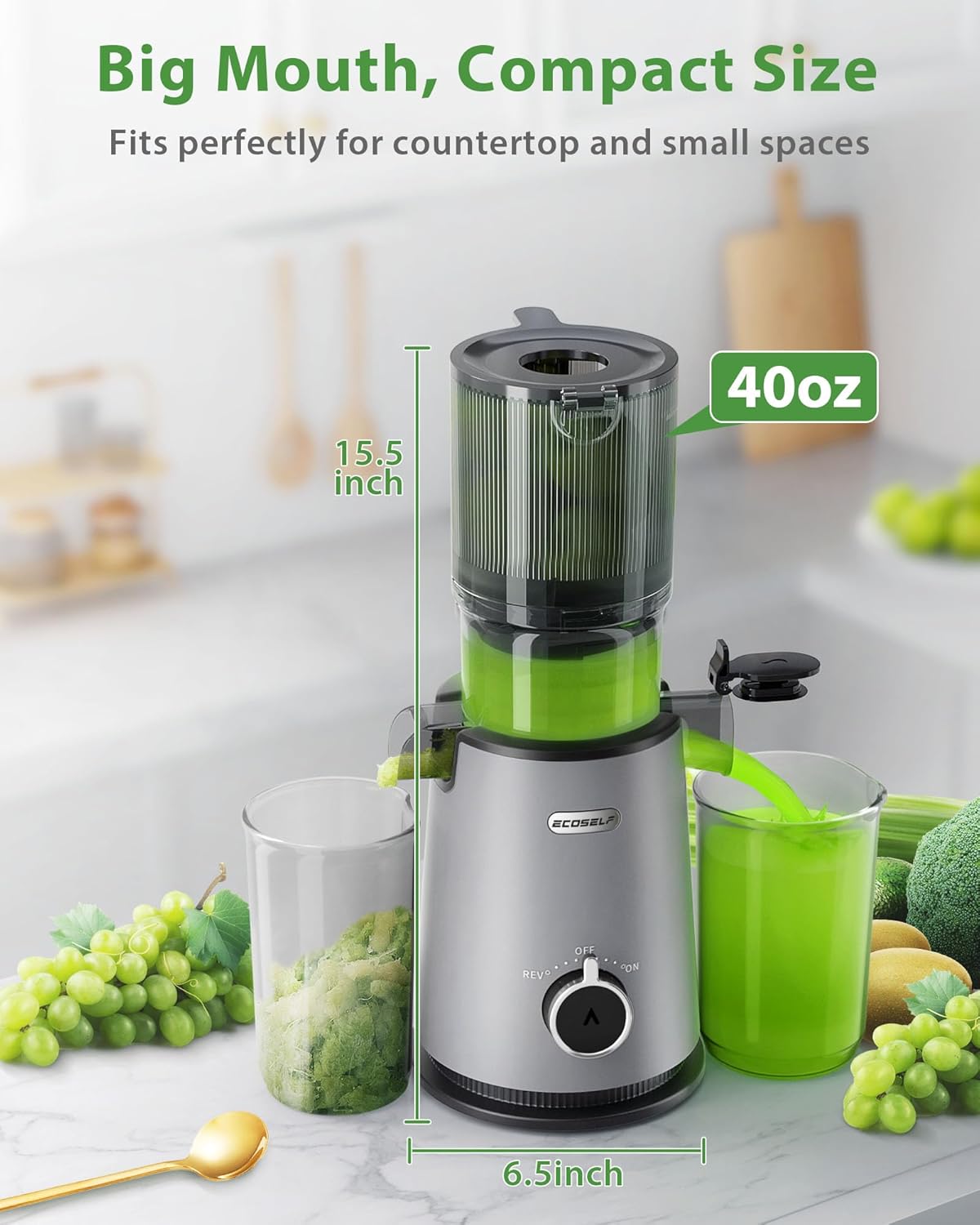 Cold Press Juicer, ECOSELF Juicer Machines with Large Feed Chute Fit Whole Fruits & Vegetables, Self Feeding for Juice Extractor Machine, Easy to Clean and Assemble, High Juice Yield