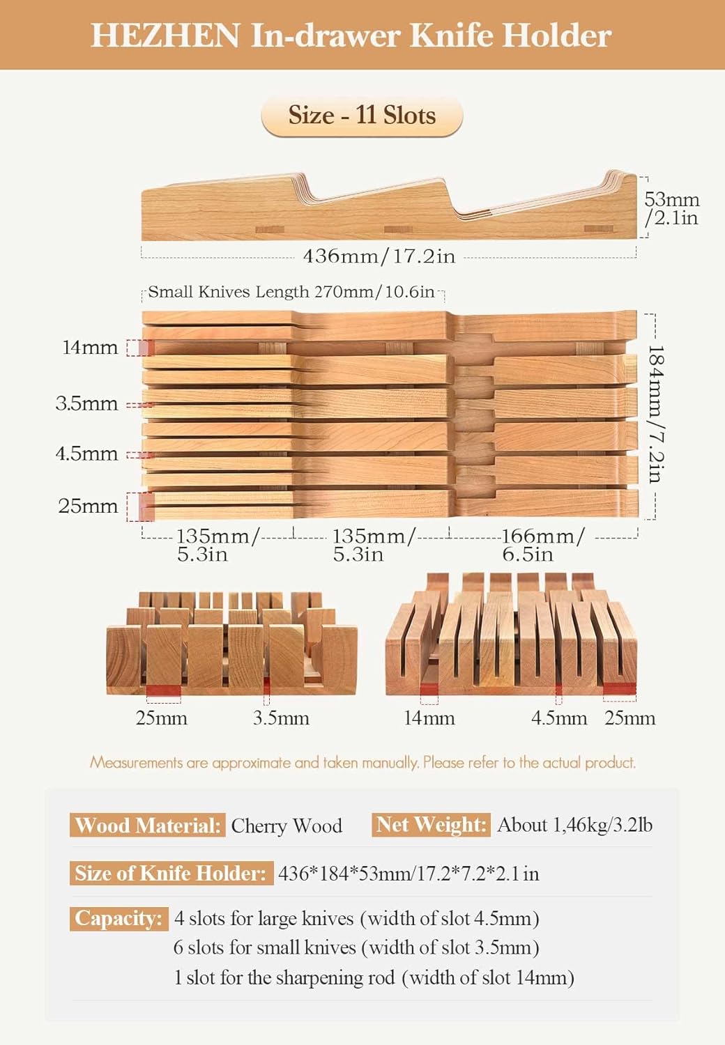 HEZHEN 11-slots Cherry Wood In-drawer Knife Tray,Knife Holder, Knife Block without Knives, Fit for 10 Knives and 1 sharpening rod