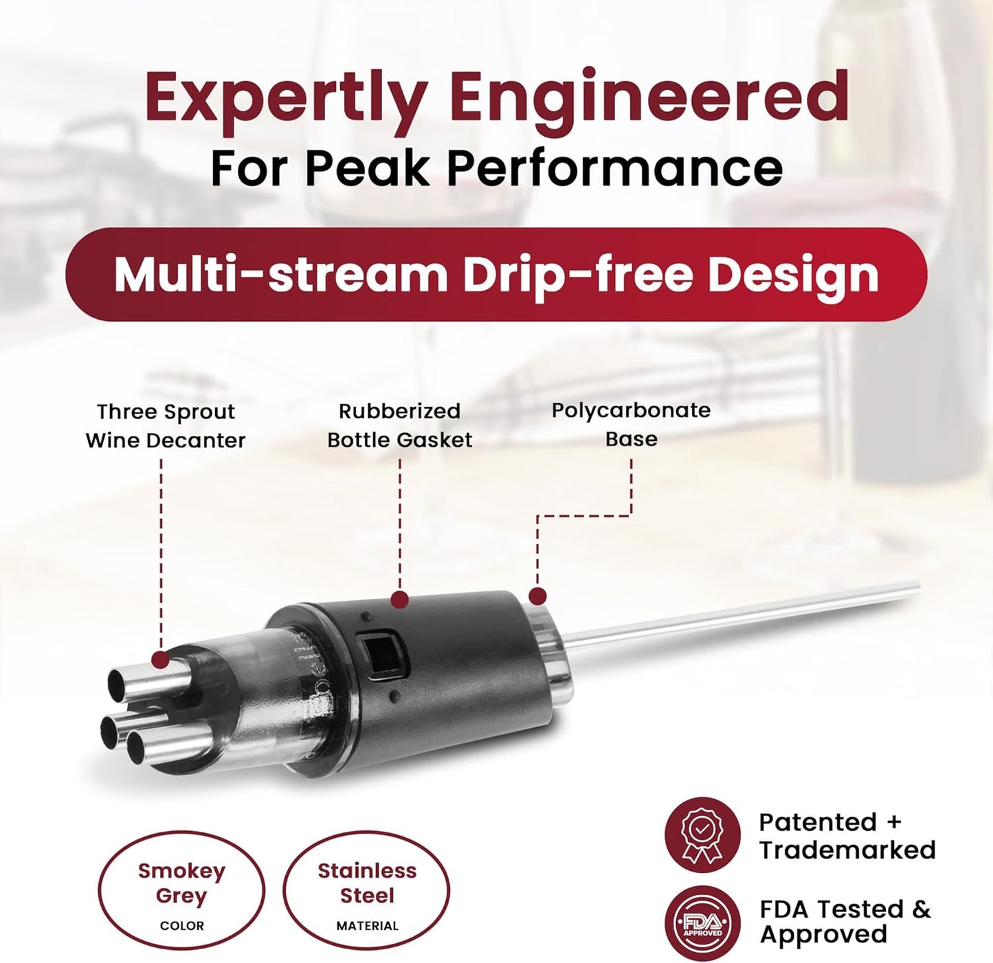 Classic Wine Aerator, Multi-Stream Wine Aeration 3 Stainless Steel Spouts, Handmade Kitchen Essential, Easy Use, No-Drip Wine Pouring Accessory Gifts for Men in Easy-to-Carry Protective Gift Case