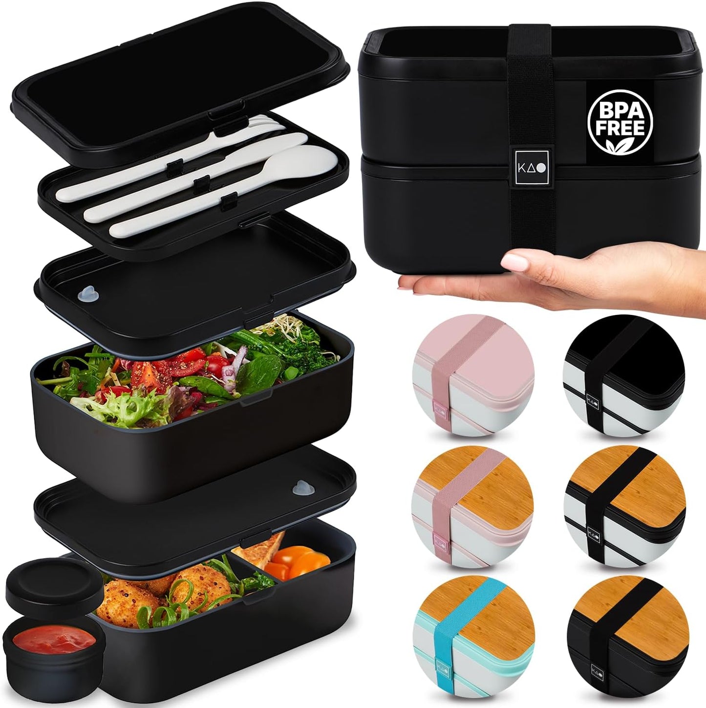 Double Premium Bento Box Adult, 67 fl oz BPA-Free - Black Stackable Lunch Box with Leak-Proof Lids & Dividers, Perfect for Meal Prep, Lunches & Portion Control