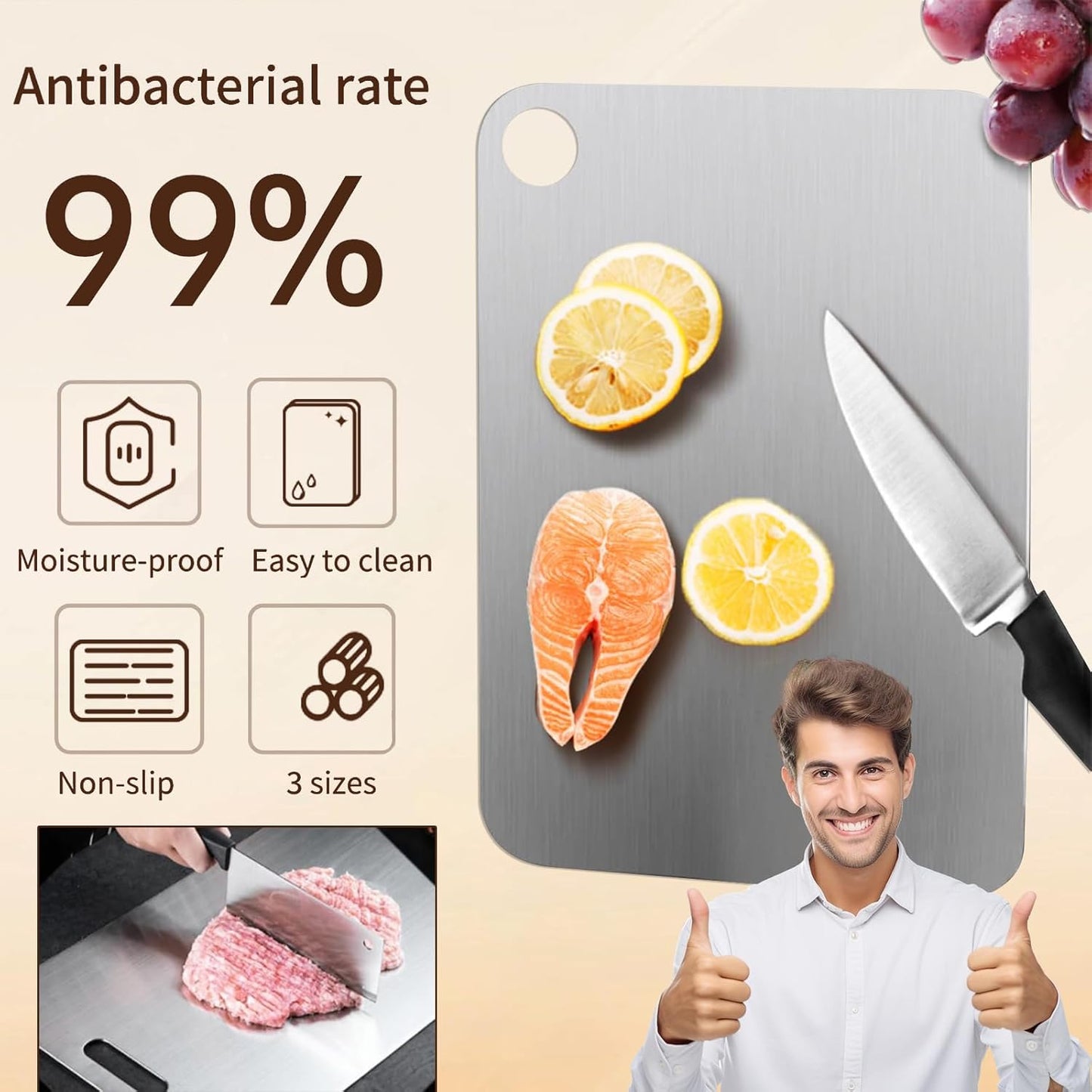 New Titanium Cutting Board-Stainless Steel Cutting Boards for kitchen,Double-Sided Food Grade Non Toxic Cutting Board,Chopping Boards Necessities for Home Outdoor Camping Meal Prep,Easy to Clean （L）