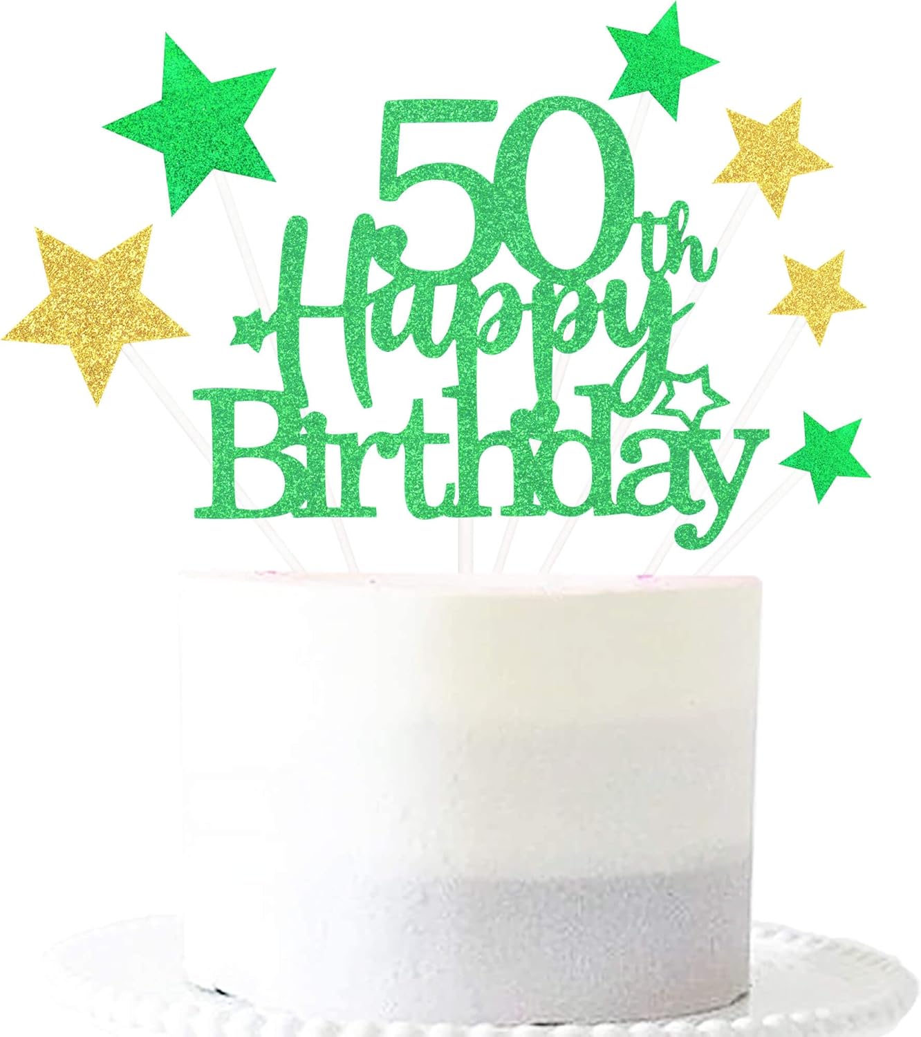 Glittery 50th Happy Birthday Cake Topper with Star,Personalised 50 Birthday Cake Toppers Party Decorations Party Supplies for Boys Girls Green Gold