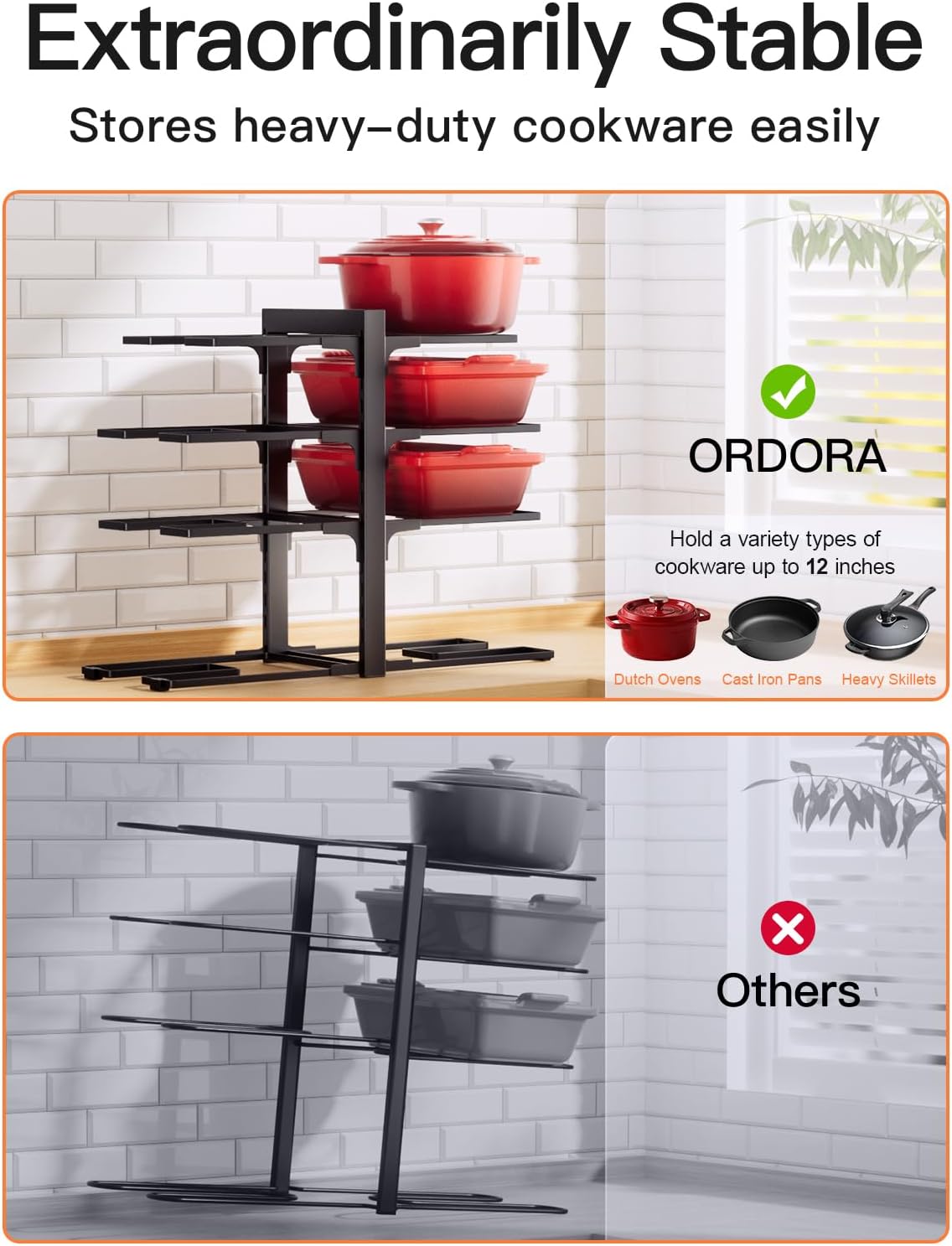 ORDORA Pots and Pans Organizer Rack for Cabinet, 15.83" Height 8-Tier Heavy Duty 120LBS Pot Pan Organizer under Cabinet Adjustable for Dutch Oven, Cast-iron Pan, Heavy Skillets Griddles, Shallow Pot