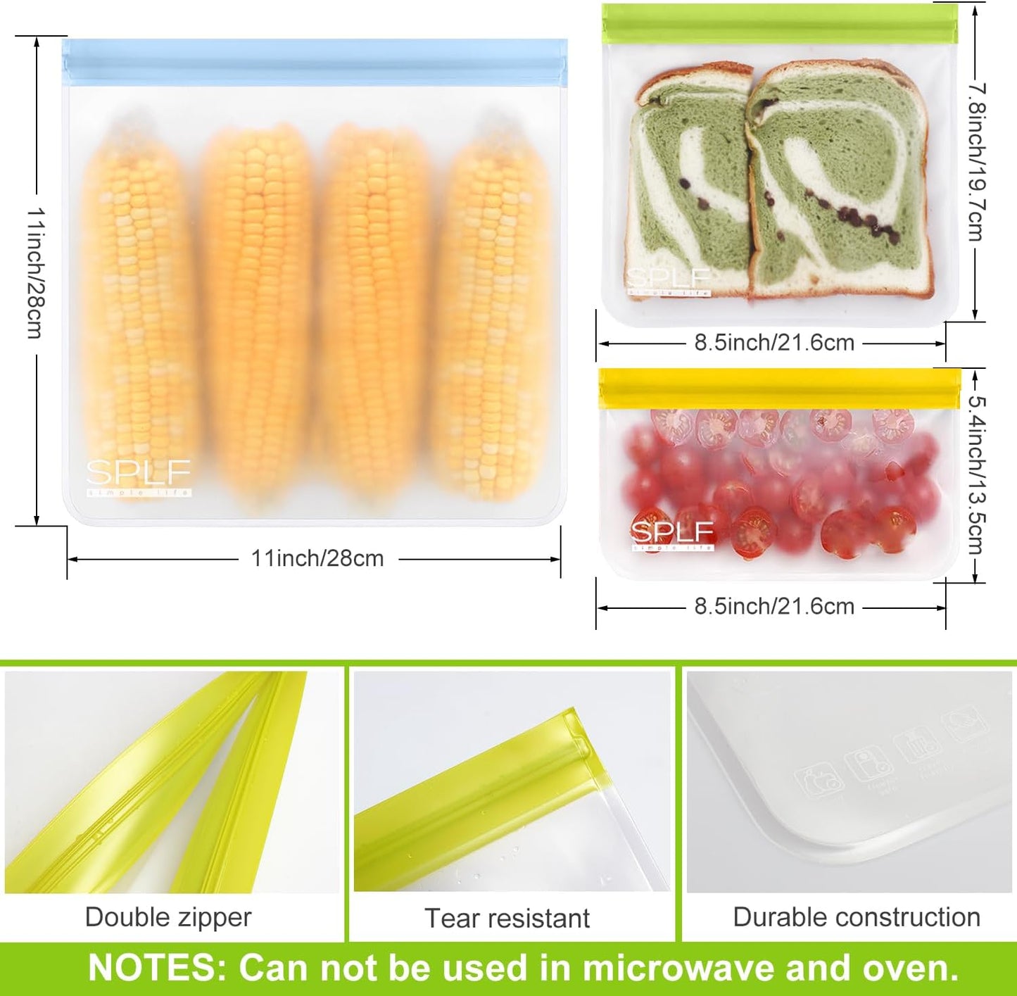 SPLF 12 Pack Dishwasher Safe Reusable Snack Bags, BPA Free Storage Bags, Extra Thick Leakproof Freezer Bags Silicone and Plastic Free Lunch Bags Food Storage