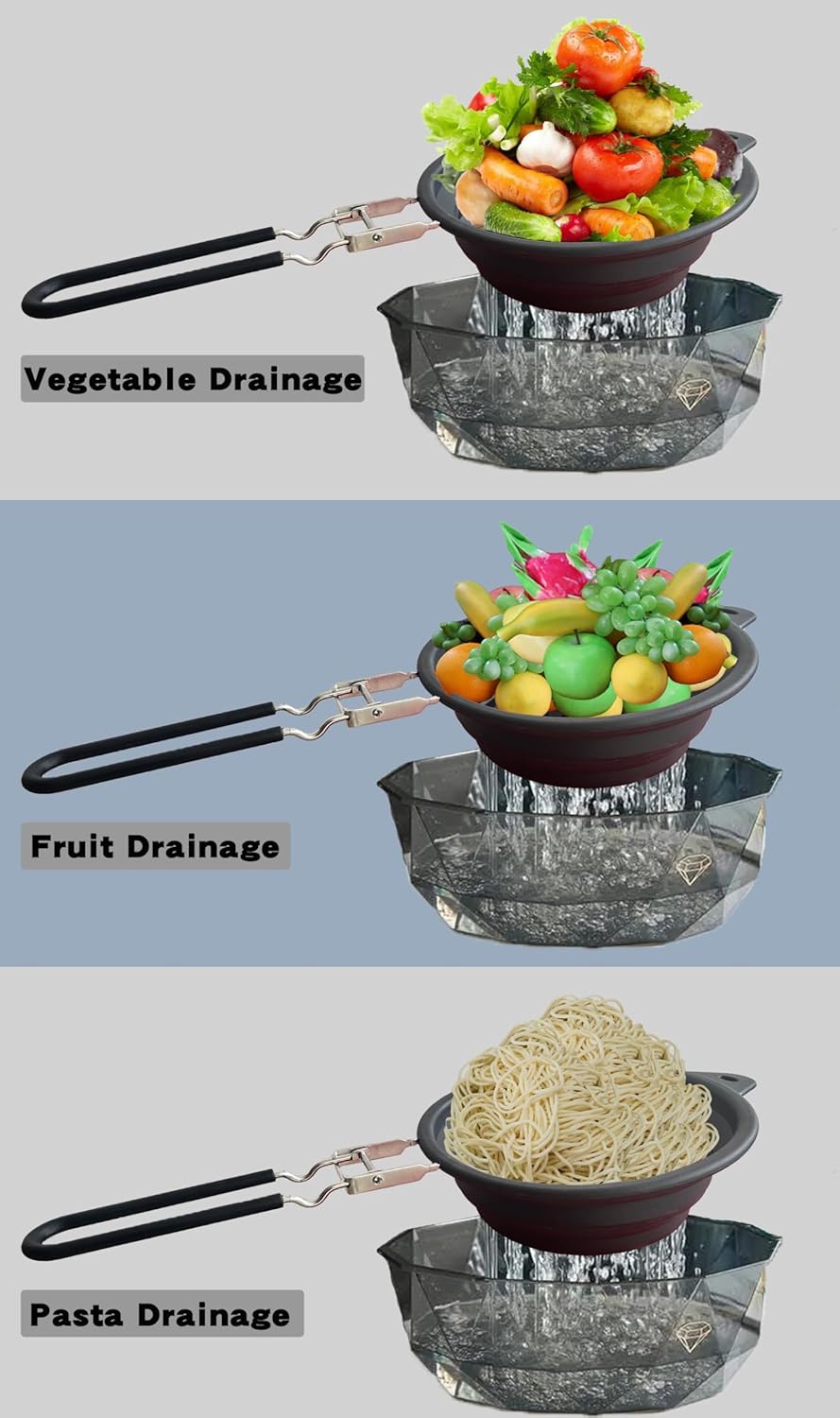 Silicone Collapsible Colander with Handle,Home/RV Kitchen Space Saving Silicone Colander,Drainage of Food,Vegetables,Fruits (Grey)