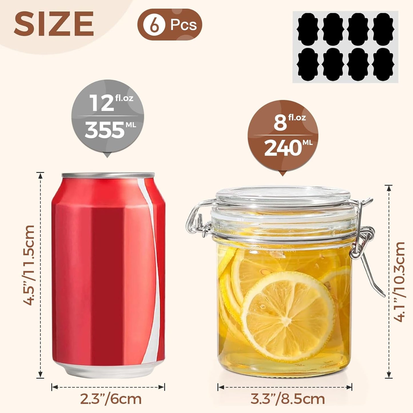 ComSaf 8oz Small Airtight Glass Jars Set of 6 with Lid Food Storage Jar Round, Mini Storage Container with Clear Preserving Seal Wire Clip Fastening for Kitchen Canning, Jam, Spice, Honey, Mason Jars