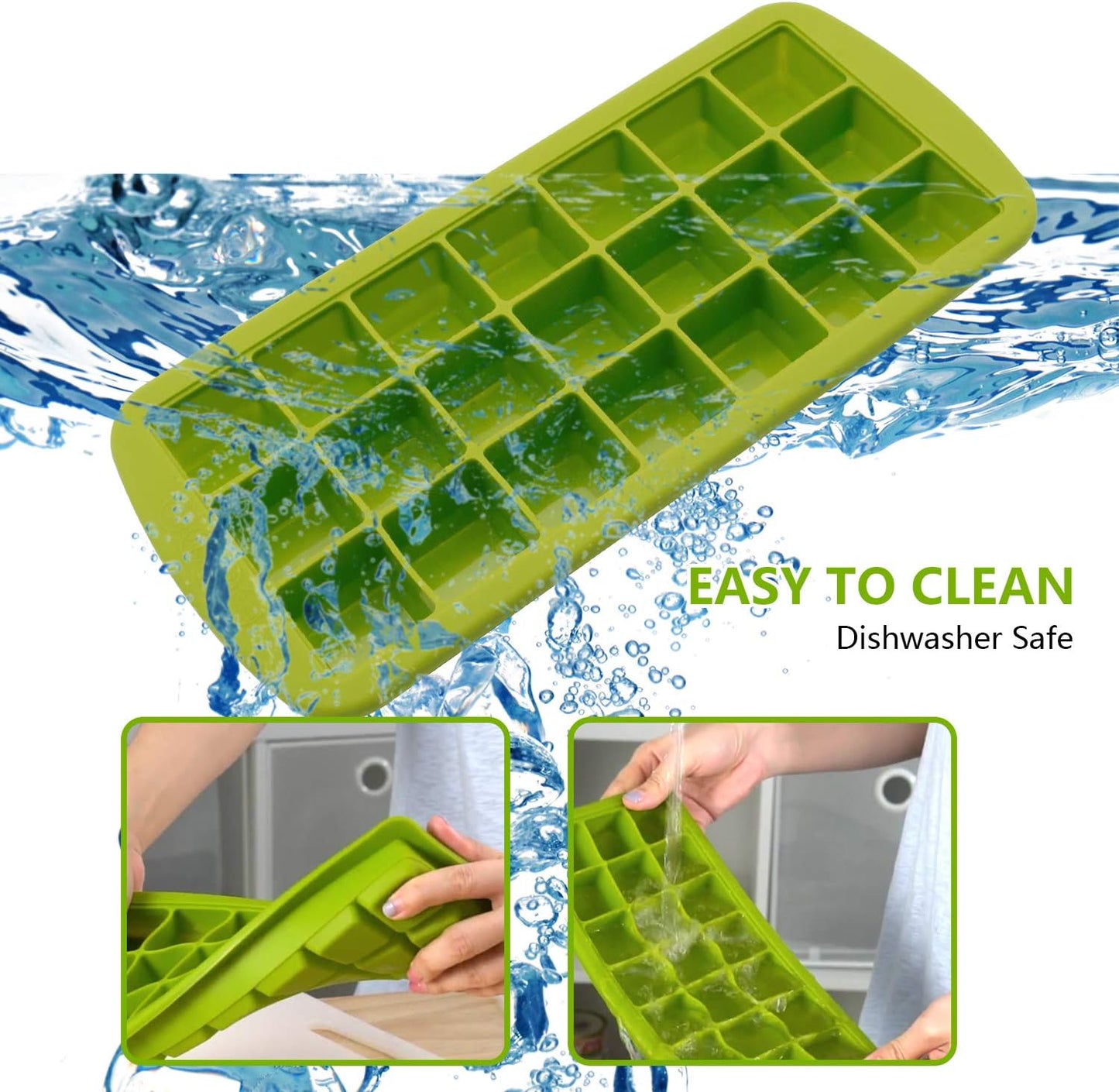 Ice Cube Trays 2 Pack, CREATESTAR Easy-Release Silicone & Flexible 21-Ice Trays with Removable Lid Food Grade Ice Tray for Whiskey, Cocktail, Spirits Drinks, Ice Cube Molds BPA Free (Green, 2Pack)