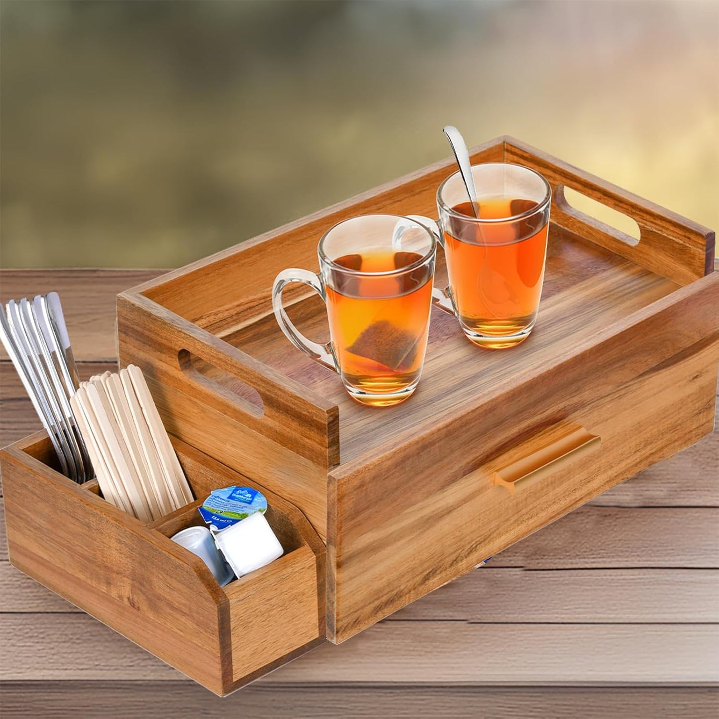 Acacia Wood Tea Bag Organizer, Wooden Tea Bag Storage Box Holder with Drawer for Kitchen Office Tea Bar Countertop