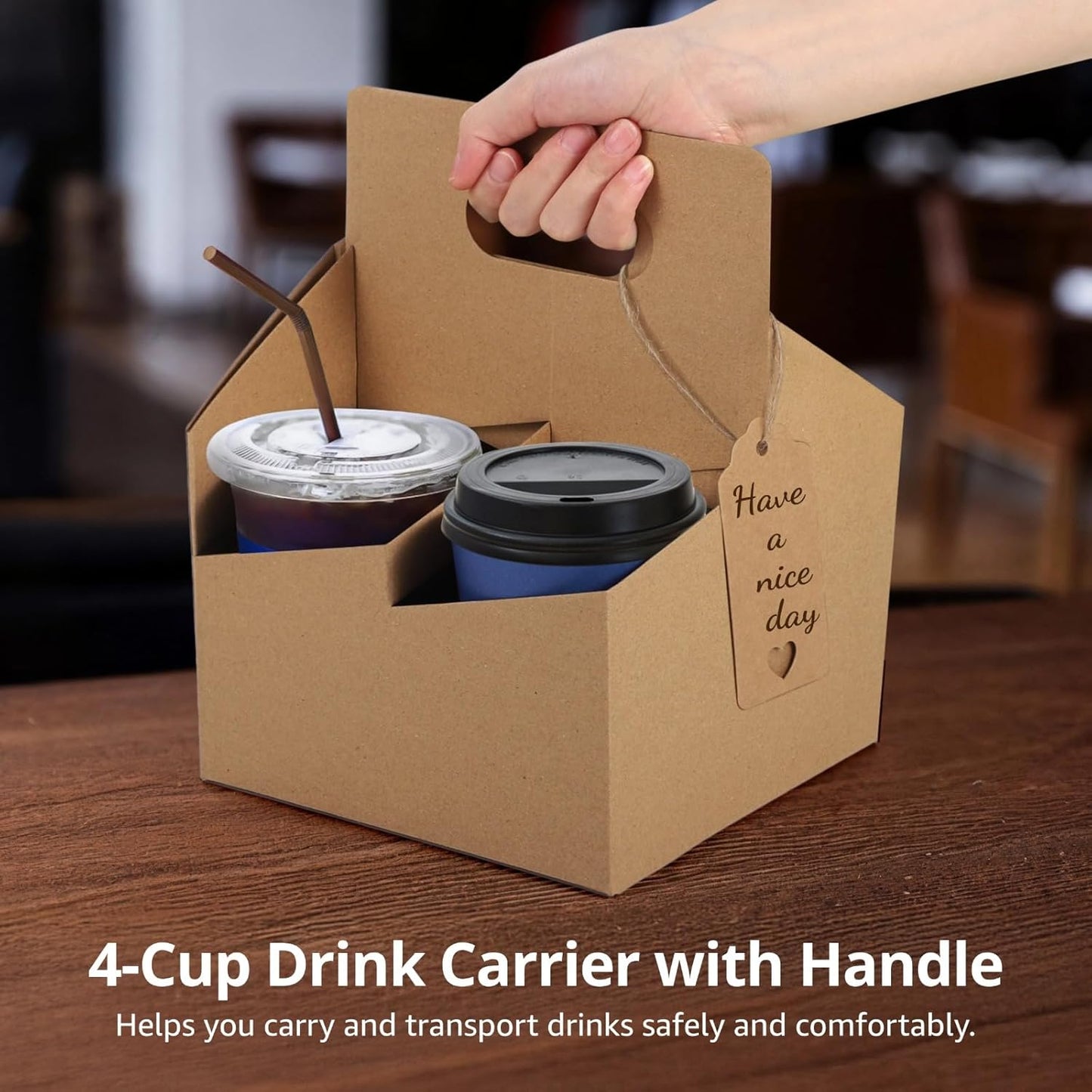 50 Sets Drink Carriers with Handles, 4-Cup Disposable Cup Holder Cardboard, Coffee Cup Holders with Cards & Ropes, Takeout Beverage Holders, Serve Cold & Hot Drinks