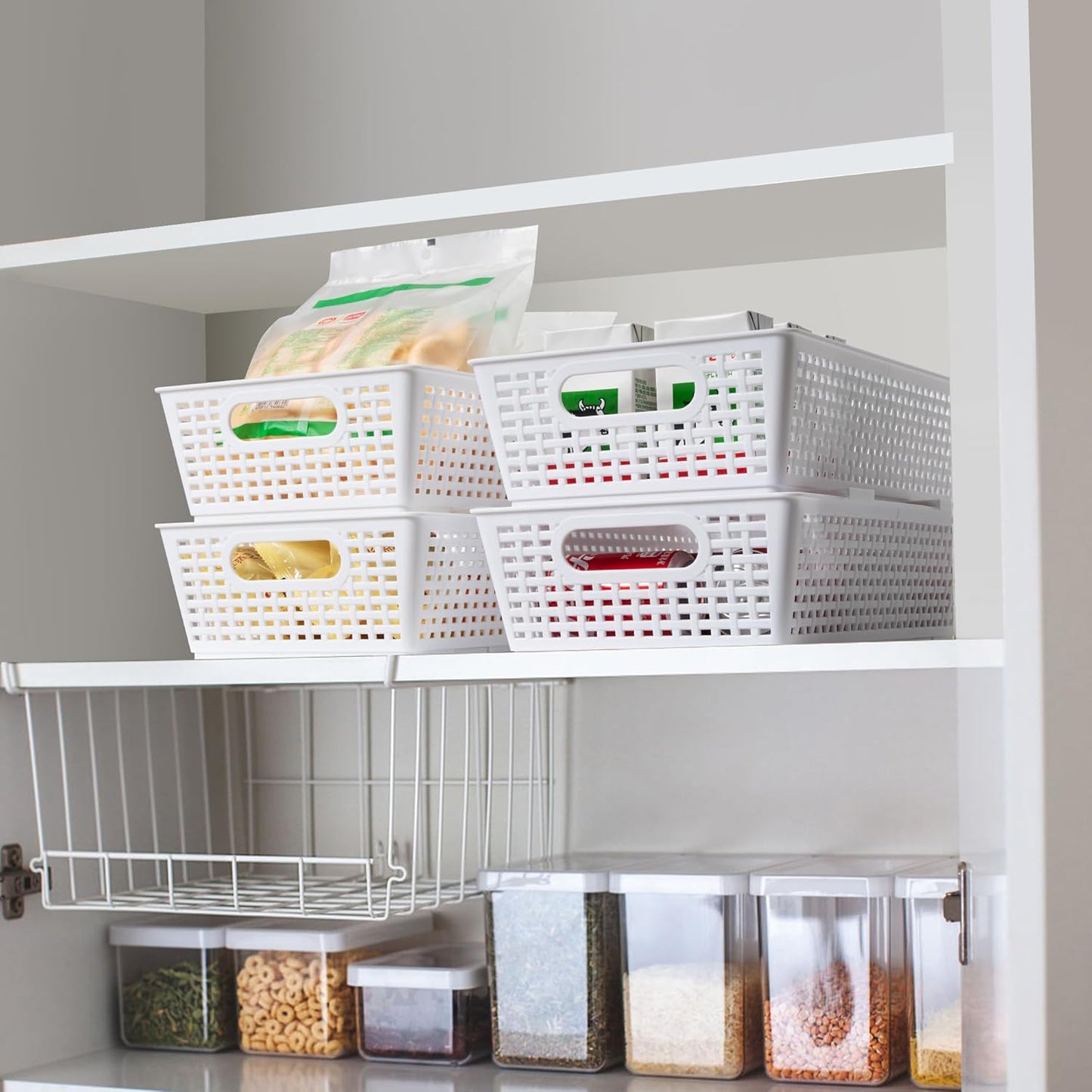 Stackable Woven Plastic Basket, Storage Bins for Cabinet, Closet, Shelf, Under Sink and Countertop, Pantry Organizer Bins, 6 Pack
