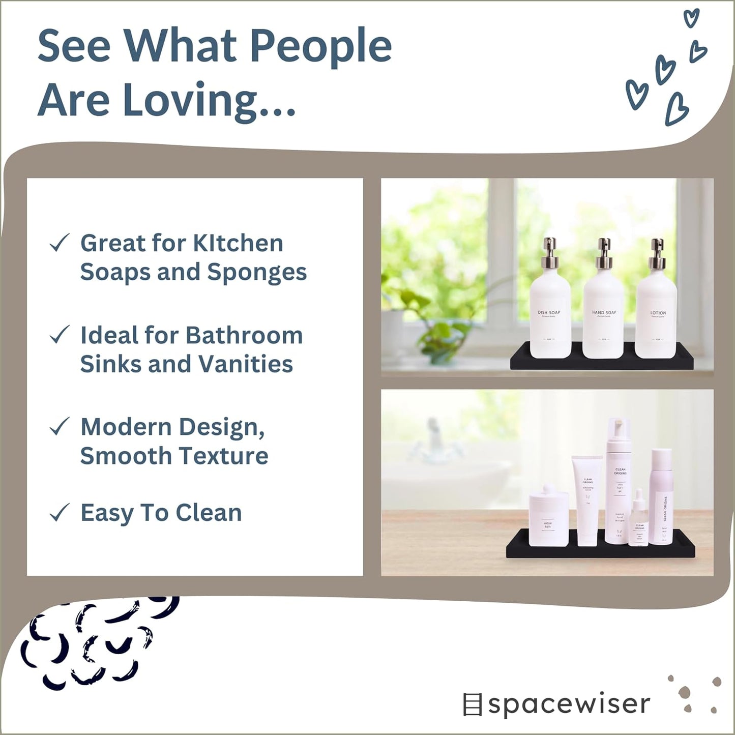 Countertop and Vanity Tray - 11.7" Silicone Bathroom Tray Countertop, Dish Soap Trays for Kitchen Counter, Organizer Accessories Caddy, Toilet Laundry Shower Oil Makeup Mat, Black