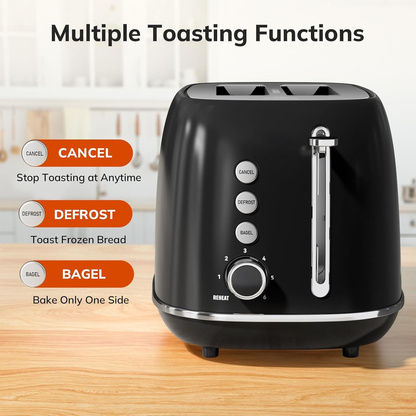 Retro Stainless Steel 2 Slice Toaster - Bagel, Cancel, Defrost Functions, 6 Shade Settings, Extra Wide Slot, Removable Crumb Tray (Black)