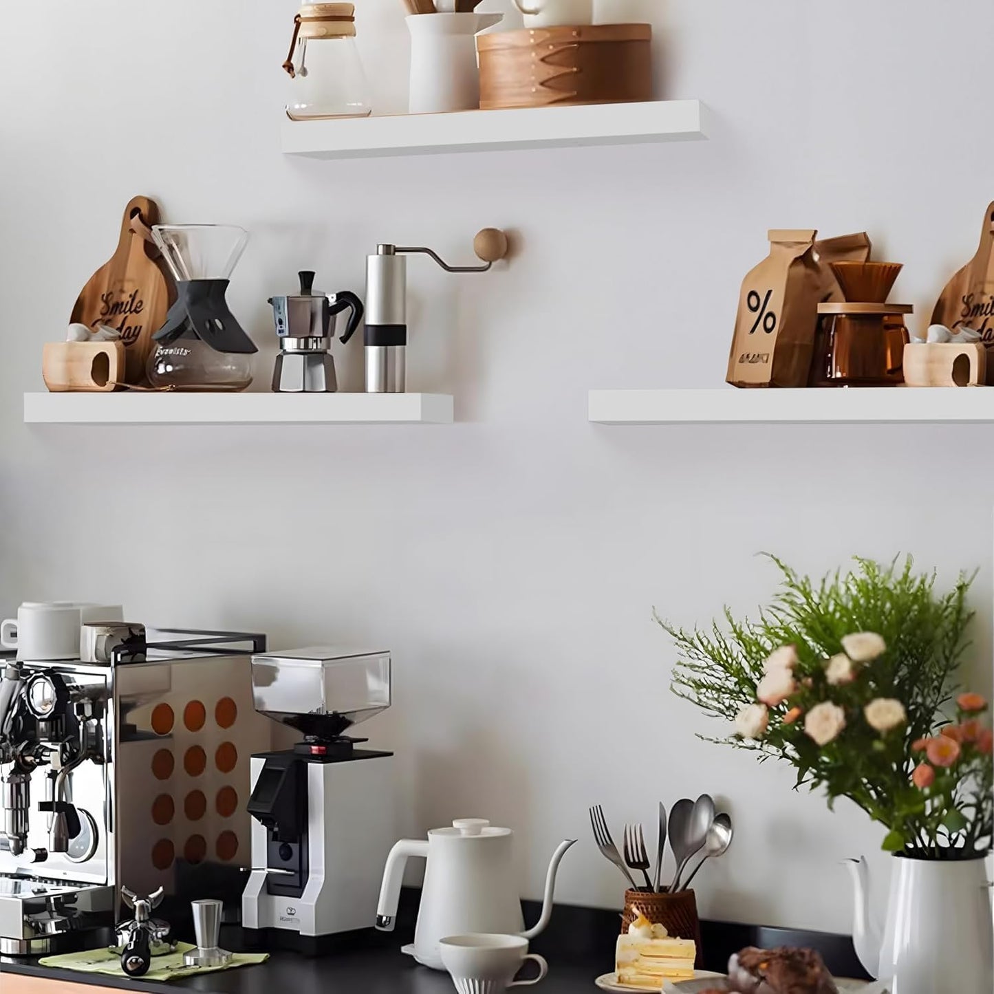 Colima Floating Shelves for Wall White Wood Wall Shelf for Bedroom, 24 Inch Wall Mounted Floating Shelves for Bathroom Living Room Kitchen Office, 1.3" Thick Floating Book Shelves for Wall, Set of 3