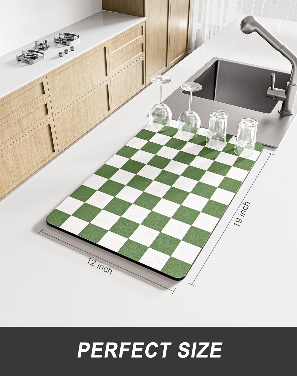 Rnivvi Dish Drying Mat for Kitchen Counter, 12 x 19" Cute Checkered Absorbent Draining Pad, Non-Slip Heat Resistant Coffee Bar Mats for Coffee Machine Station Accessories, Green White Dish Rack Pad