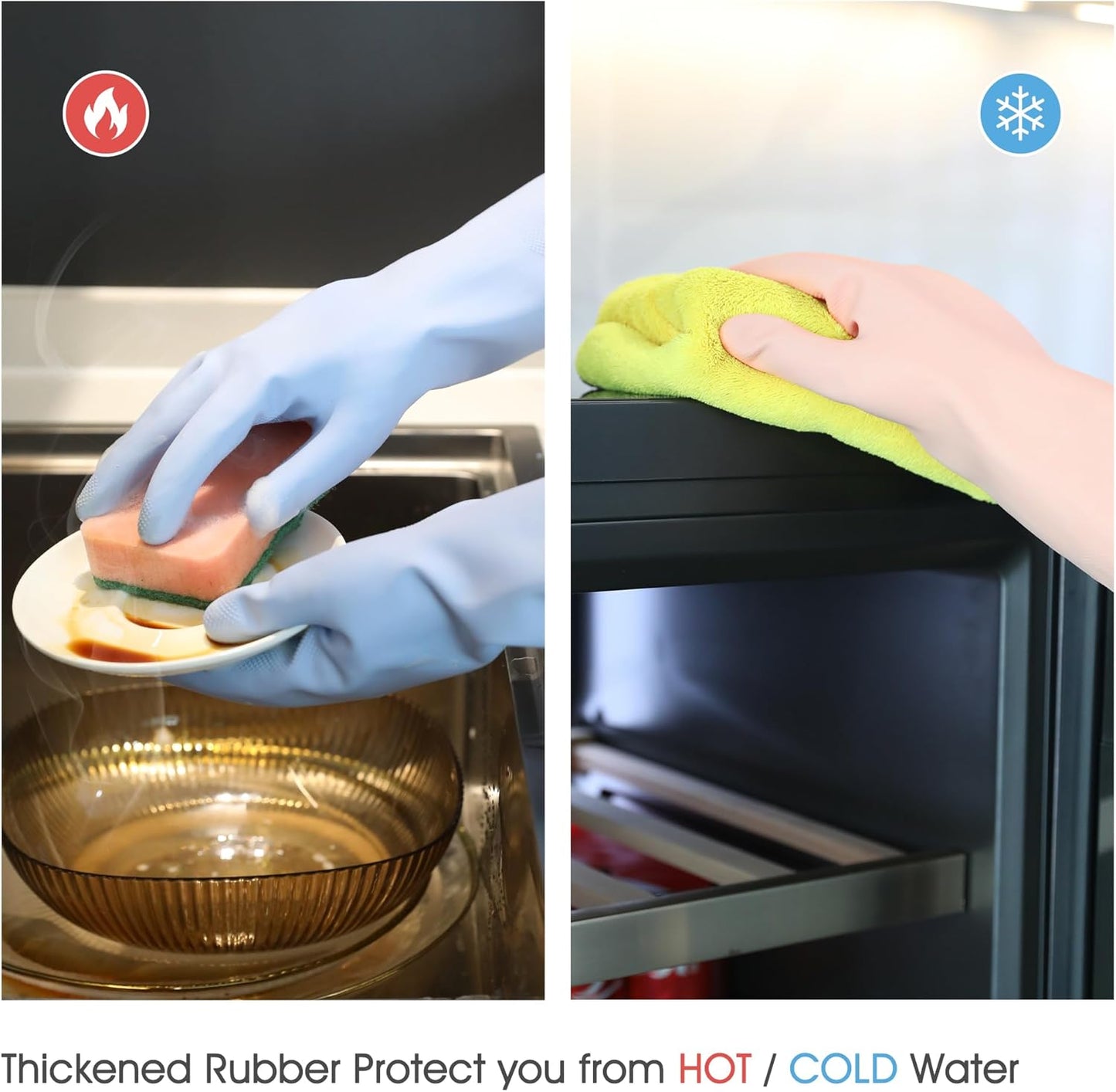 COOLJOB 2 Pairs Thickened Rubber Gloves with Cotton Lining & Non-slip Grip, Colorful Household Long Lasting Dishwashing Gloves for Kitchen & Bathroom Cleaning, Orange & Blue, Small