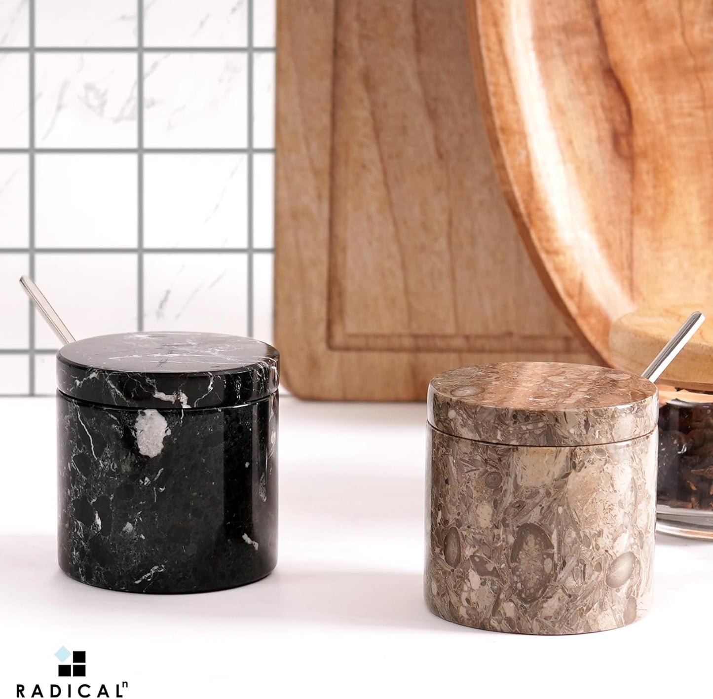 Radicaln Marble Salt Cellar with Lid and Tray 3" Inch Handmade Oceanic & Black Salt Container, Set of 2 Seasoning Jars for Kitchen countertop, Ideal Sugar bowl