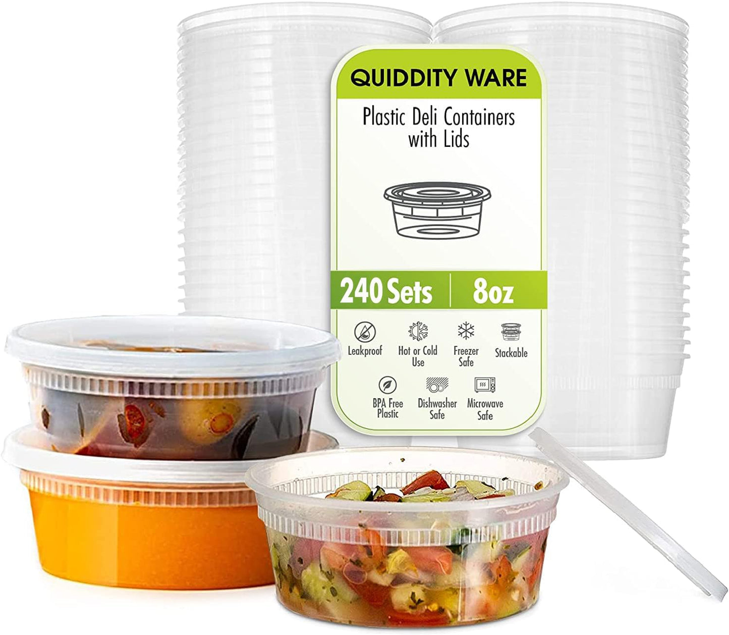 Deli Containers with Lids Leakproof - 240 Pack BPA-Free Plastic Microwaveable Clear Food Storage Container Premium Heavy-Duty Quality, Freezer & Dishwasher Safe (8oz 240 Sets)